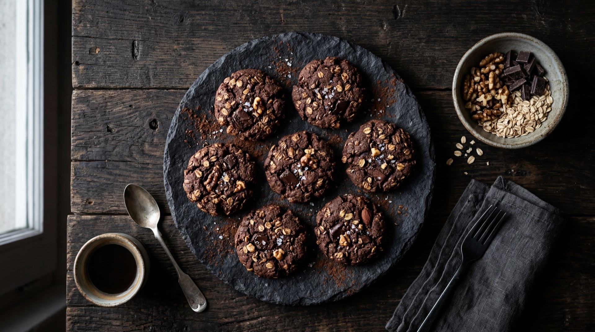 Alternativa saludable a las Oreo: galletas de avena integral caseras con chips de chocolate amargo sobre plato de ceramica negro