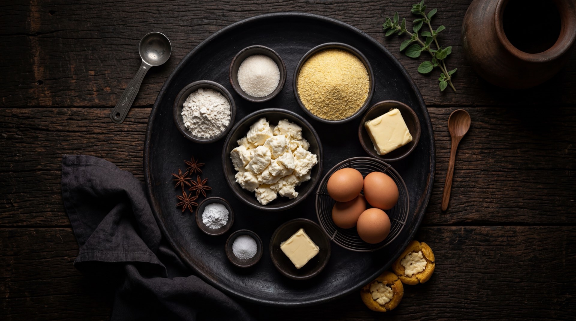 Ingredientes de las garullas boyacenses: harina de maiz precocida amarilla, queso costeno fresco rallado grueso, mantequilla sin sal derretida, huevo fresco grande, leche entera tibia y azucar blanca