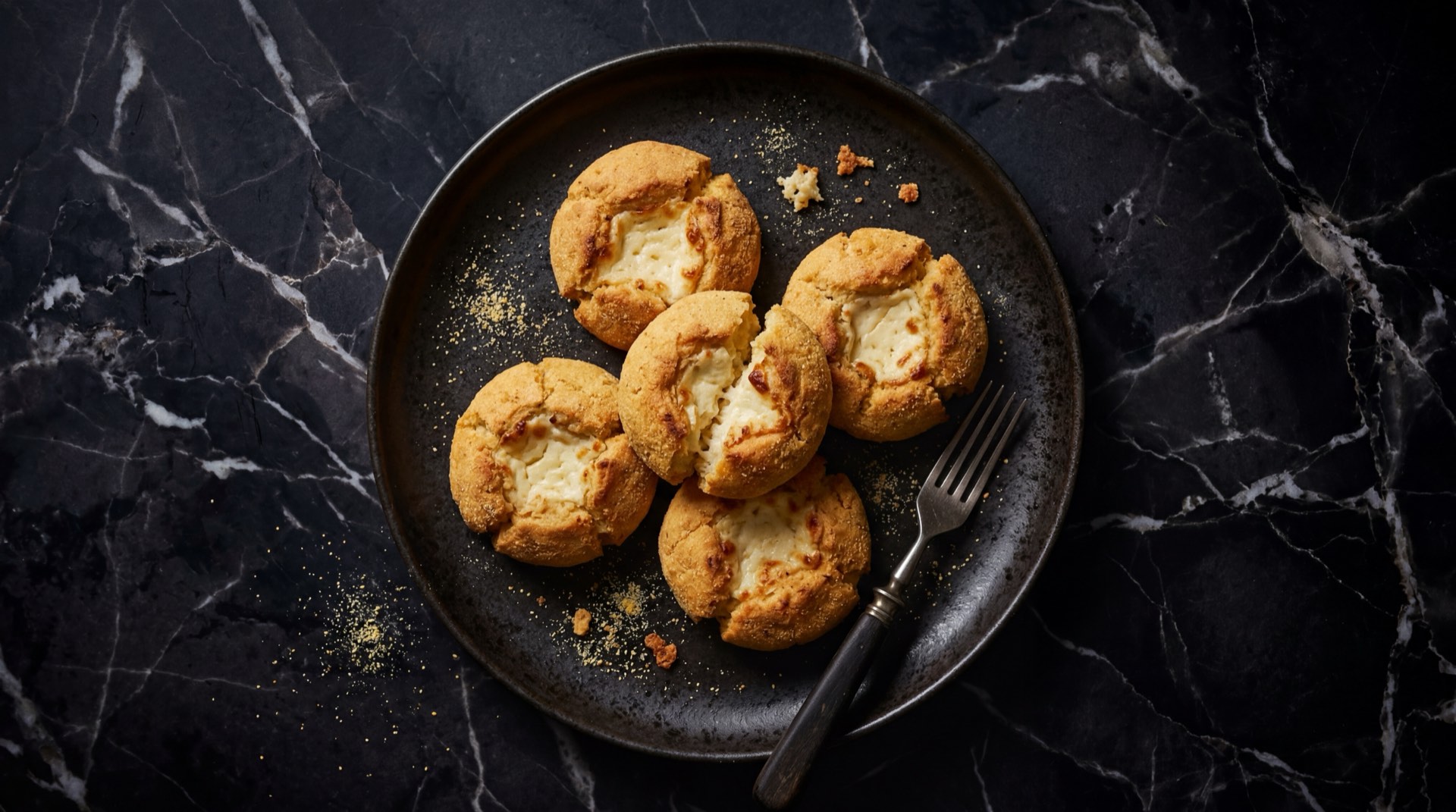 Garullas boyacenses doradas y crujientes en plato de ceramica mate negro sobre mesa de piedra caliza oscura