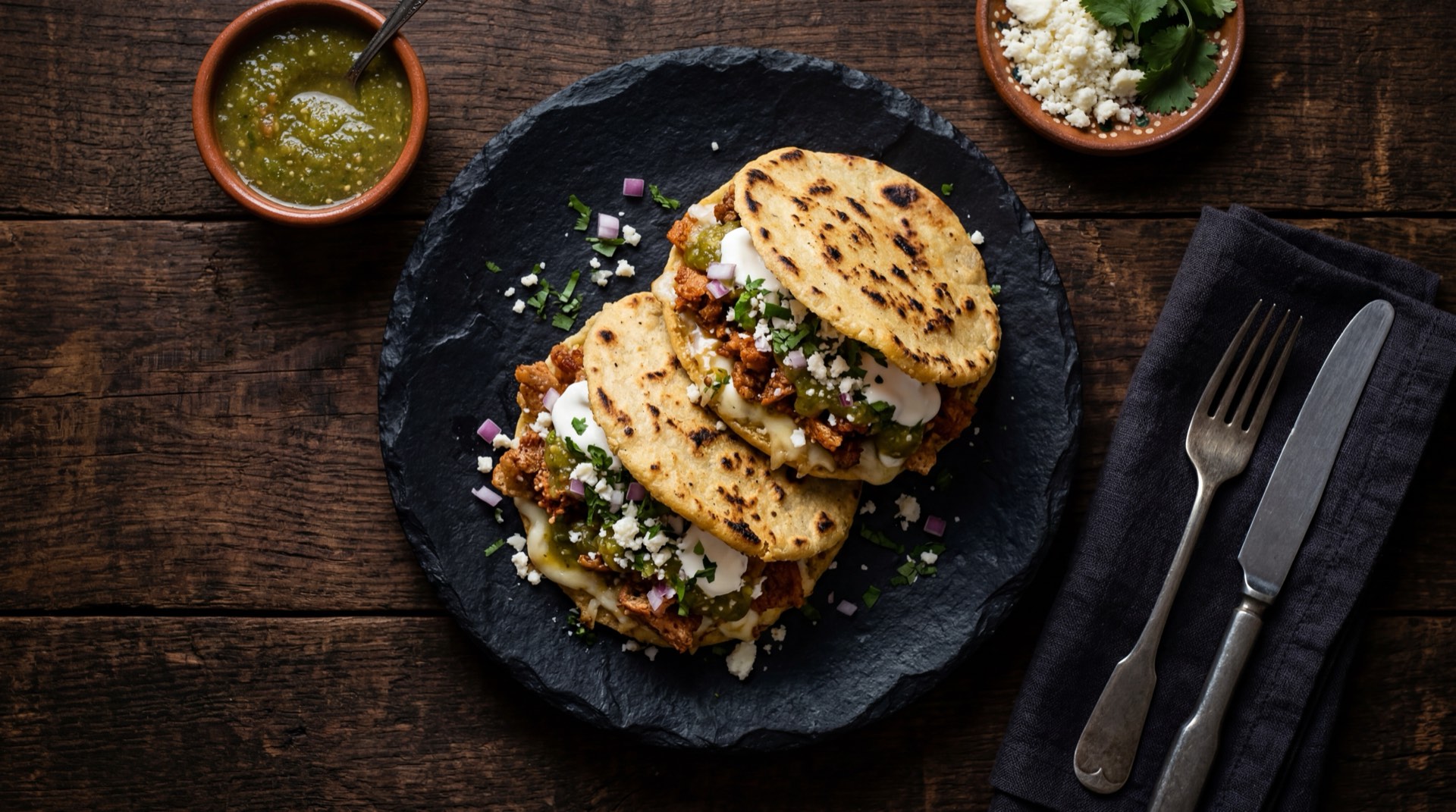 Ingredientes para gorditas mexicanas: masa de maiz nixtamalizado, chicharron prensado, frijoles negros refritos, crema agria mexicana, queso fresco desmoronado, lechuga iceberg, salsa verde de tomatillo y manteca de cerdo