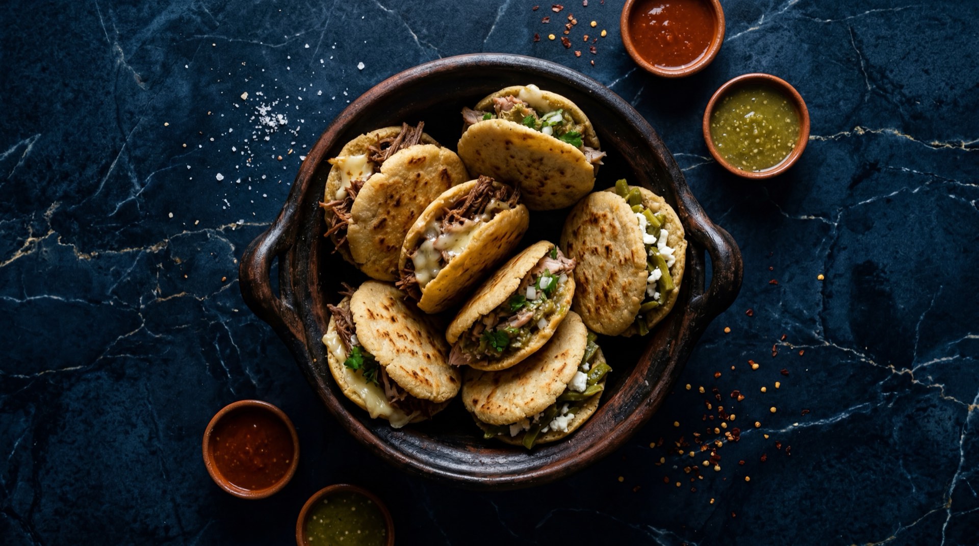 Gorditas mexicanas rellenas de chicharron prensado con crema agria, lechuga iceberg y queso fresco desmoronado sobre plato de basalto volcanico