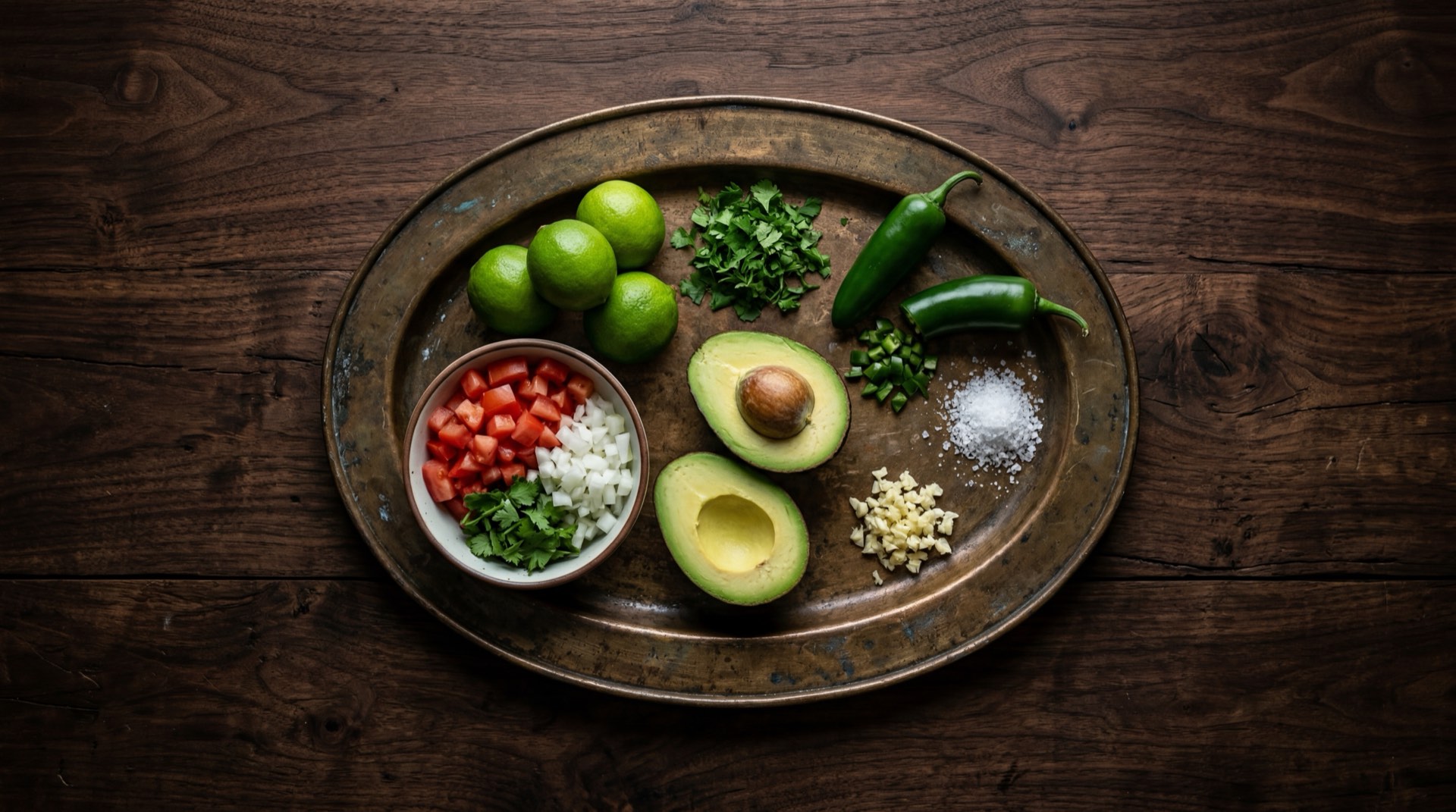 Ingredientes del guacamole mexicano: aguacates Hass maduros partidos, limones verdes, cilantro fresco en manojo, cebolla blanca, chile serrano fresco, tomate rojo maduro y sal gruesa