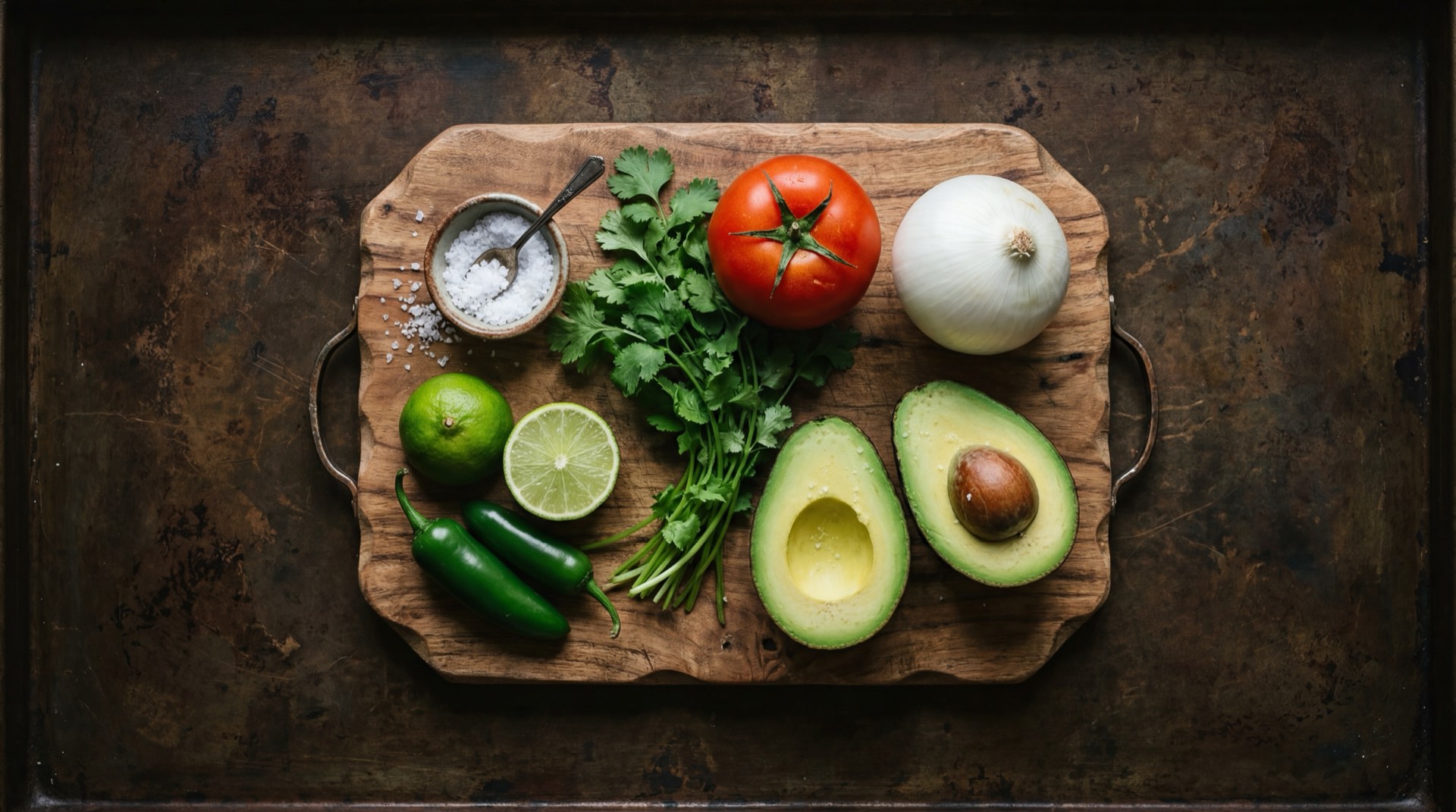Ingredientes del guacamole mexicano: aguacates hass maduros grandes, tomates rojos maduros, cebolla blanca, cilantro fresco, chiles serrano frescos, limones verdes y sal de mar