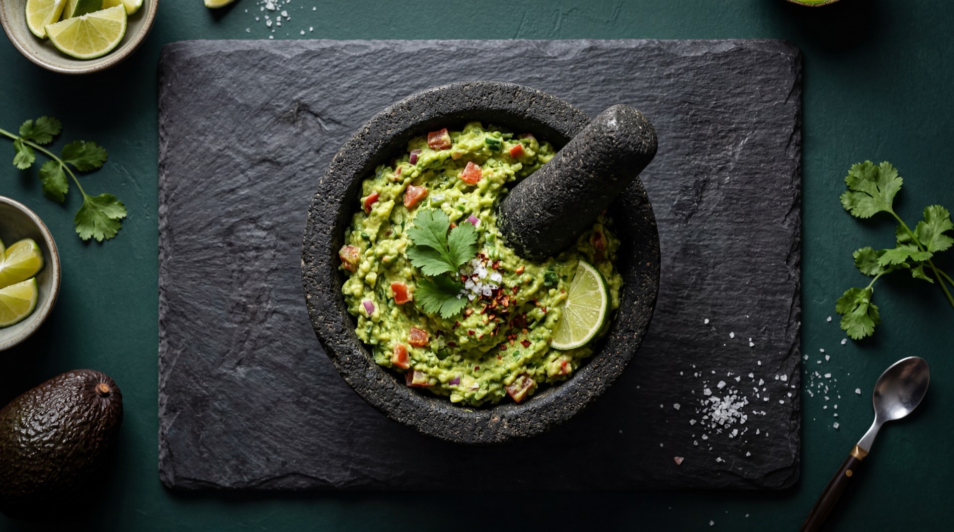 Guacamole mexicano casero con trozos de aguacate hass, tomate rojo maduro y cilantro fresco en molcajete de piedra volcanica sobre mesa de concreto carbonizado oscuro