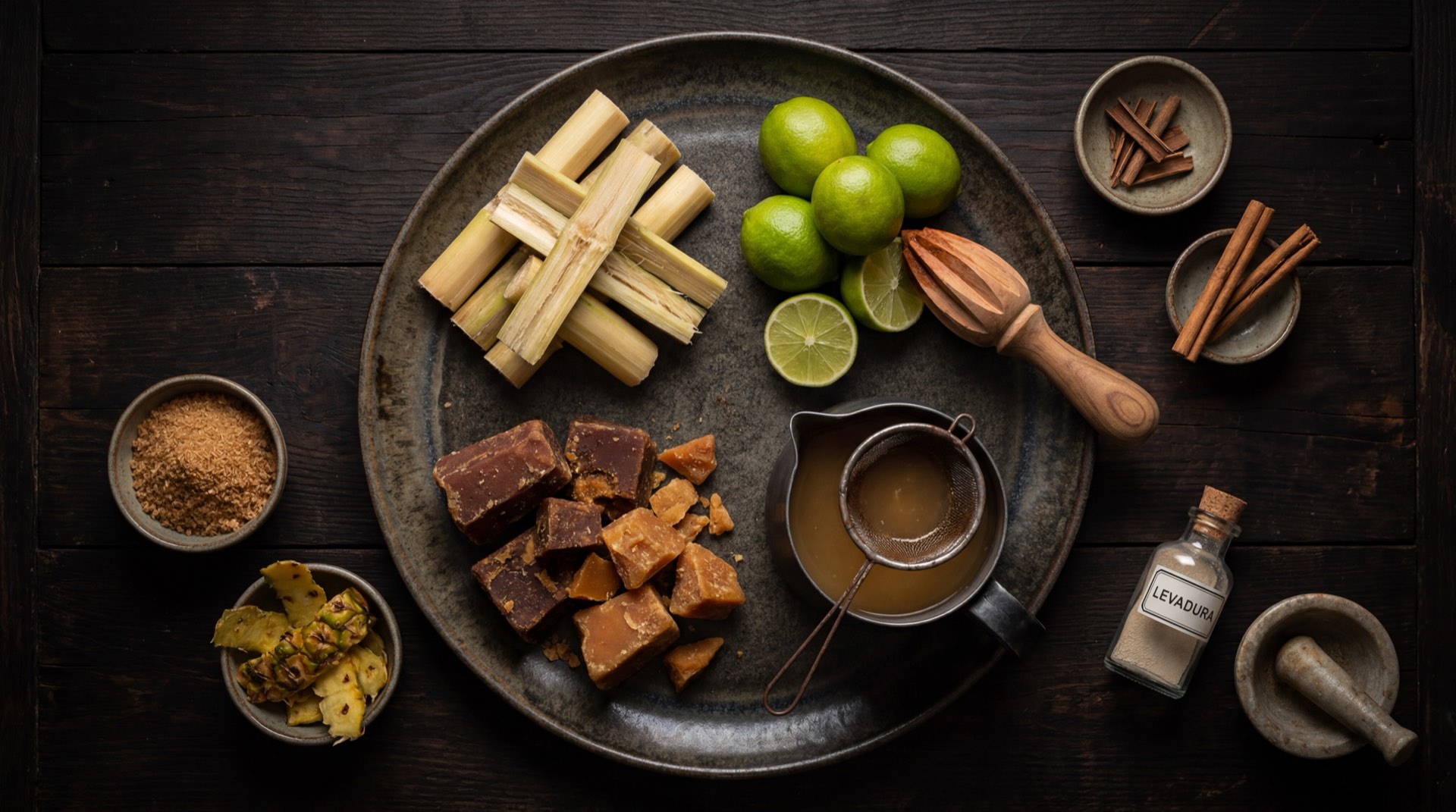 Ingredientes del guarapo colombiano: tallos de cana de azucar frescos cortados, cascara de pina madura fresca, recipiente de barro artesanal y tela de algodon limpia