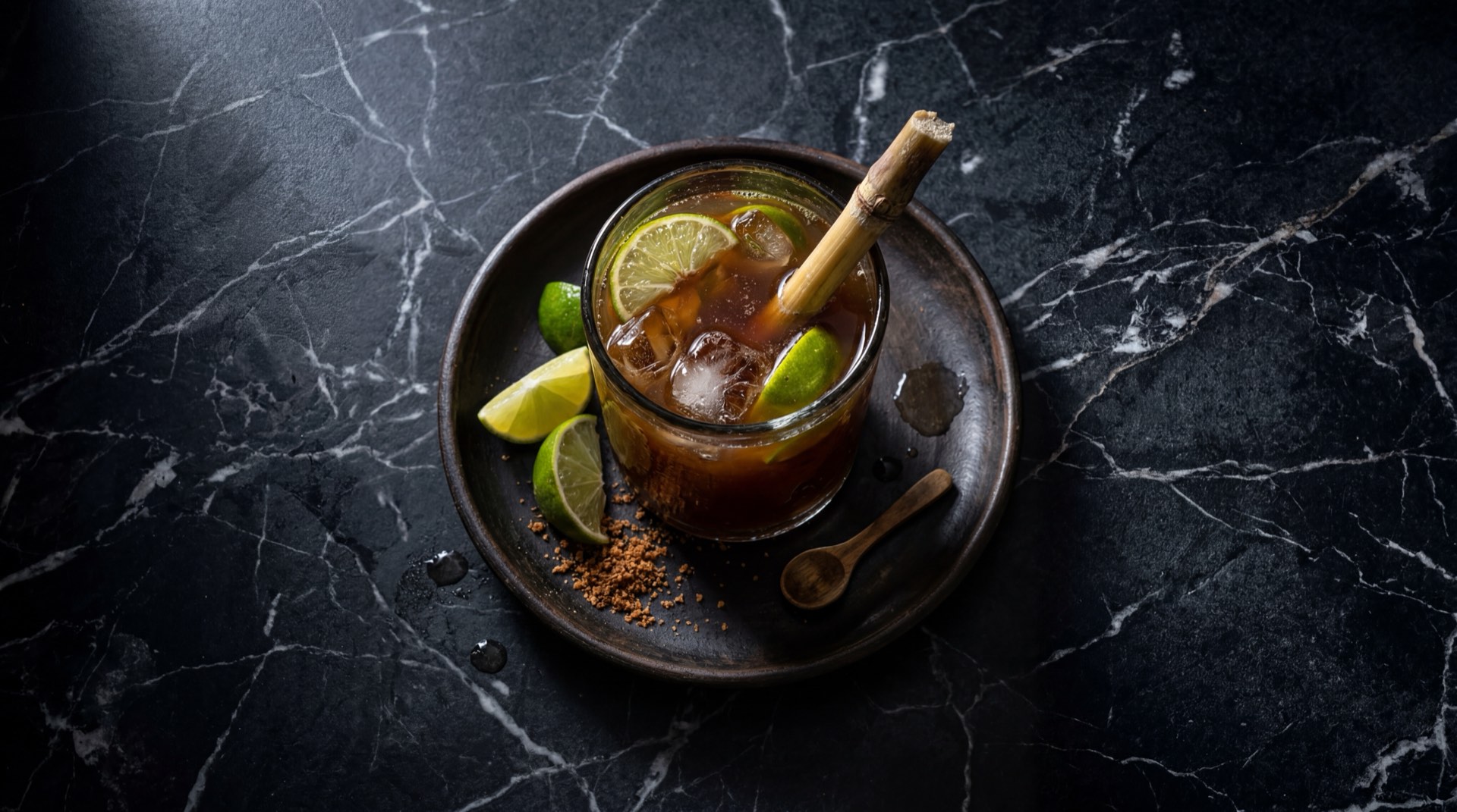 Guarapo colombiano artesanal servido en vaso de vidrio con hielo, jugo de cana de azucar fermentado con espuma natural