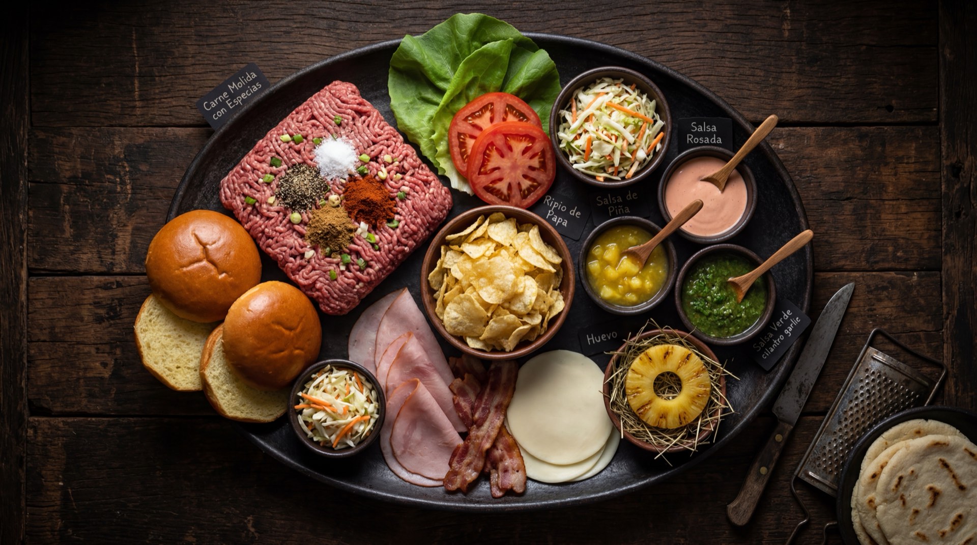 Ingredientes de la hamburguesa colombiana: carne de res para hamburguesa, pan con ajonjoli, papas ripio crujientes, rodaja de pina en almibar, queso mozzarella, lechuga crespa fresca, tomate rojo maduro y salsas colombianas