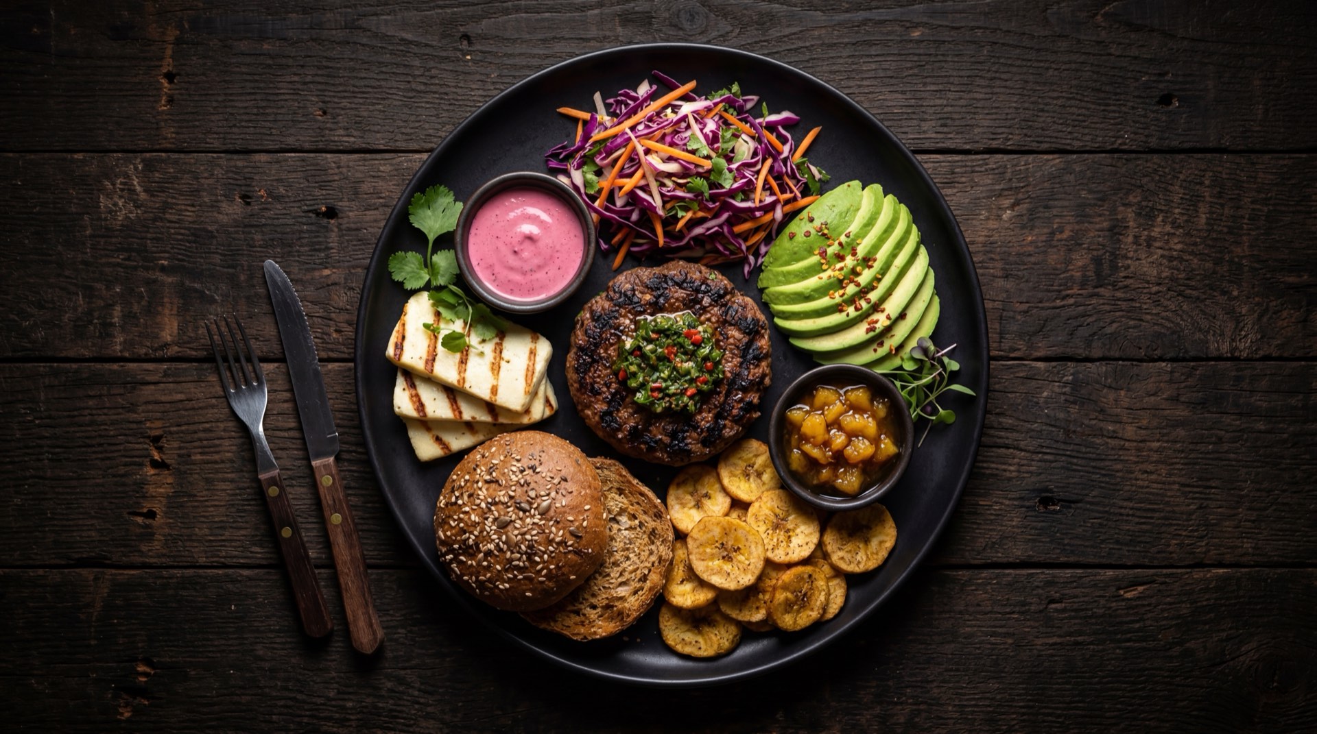 Hamburguesa colombiana version saludable con pan integral, carne de res magra, pina natural, lechuga abundante, sin papas ripio ni salsa rosada