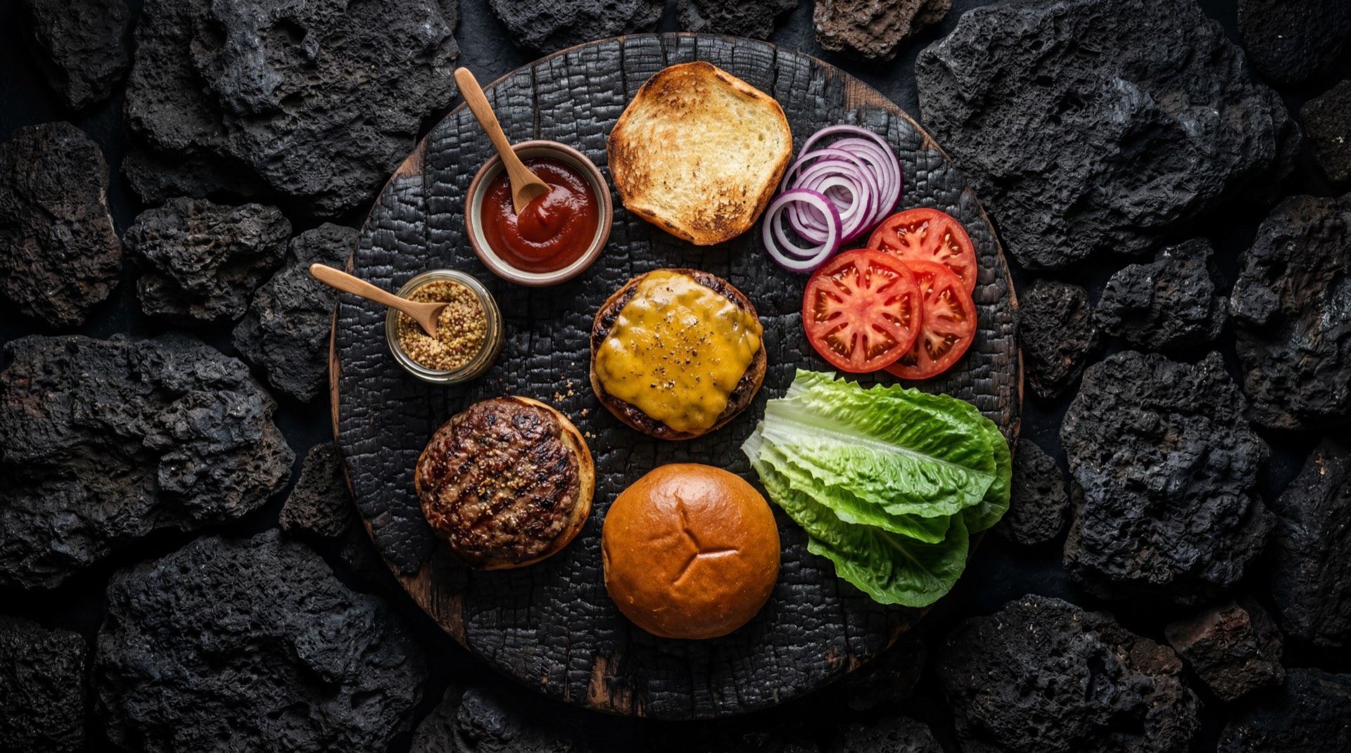 Ingredientes para hamburguesa colombiana: carne para hamburguesa Zenu congelada, pan con ajonjoli, lechuga batavia fresca, tomate rojo maduro, cebolla cabezona blanca y queso mozarella