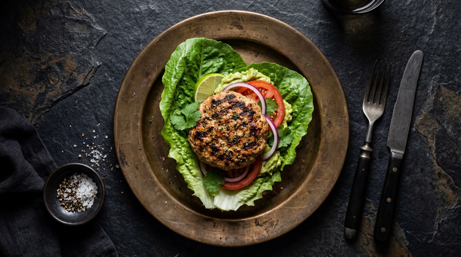 Alternativa saludable: hamburguesa de carne magra de res asada envuelta en hojas de lechuga batavia fresca sin pan, con aguacate hass maduro y tomate rojo
