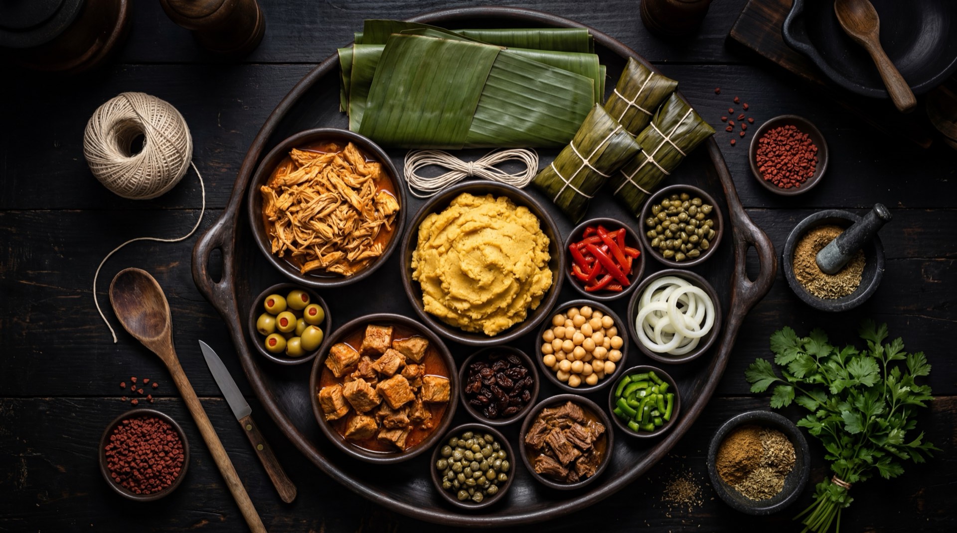 Ingredientes de las hayacas: harina de maiz amarillo, carne de cerdo en trozos, pechuga de pollo, garbanzos cocidos, aceitunas verdes, cebolla larga fresca, pimenton rojo, ajo picado, hojas de platano