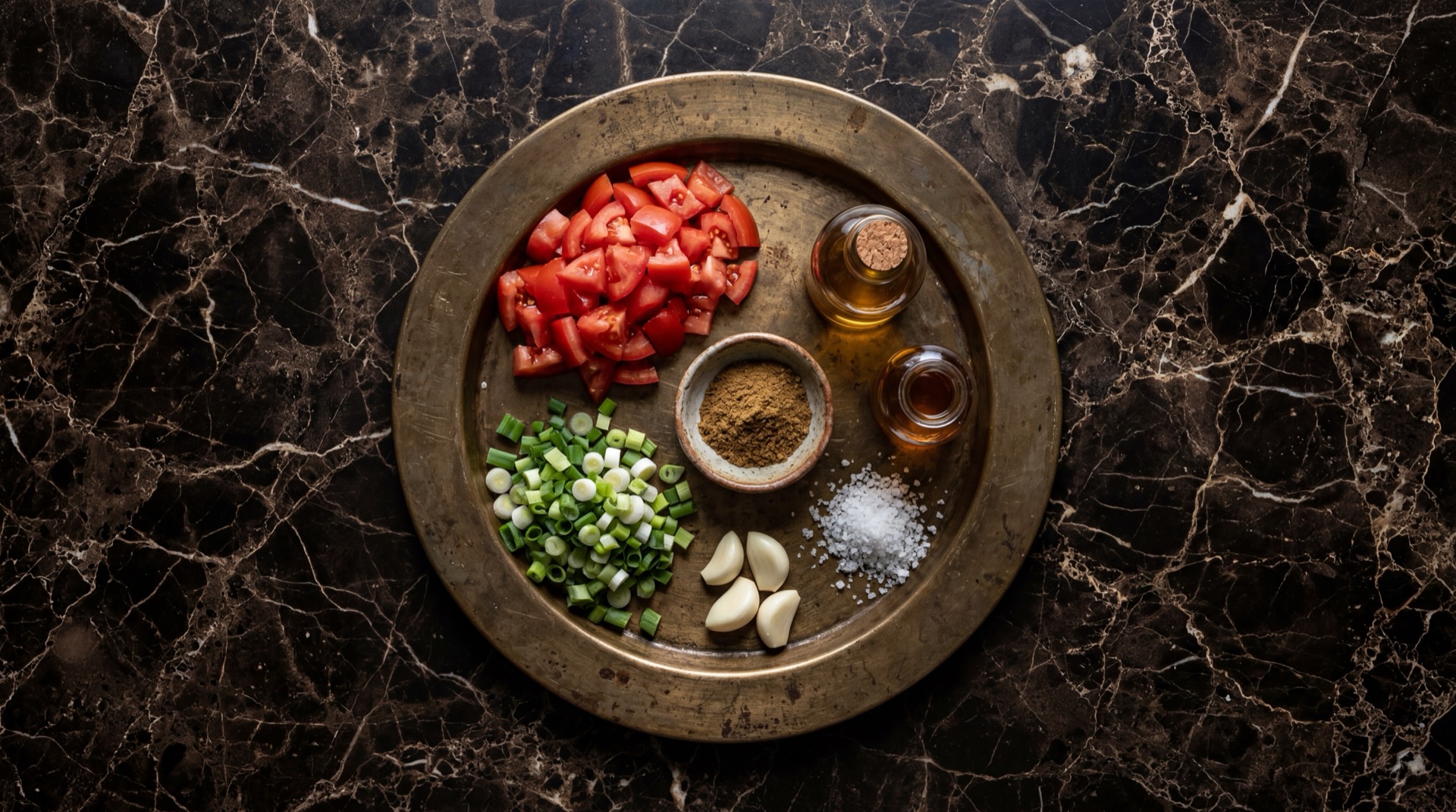 Ingredientes del hogao: tomates maduros, cebolla cabezana, cebolla larga, ajo y aceite