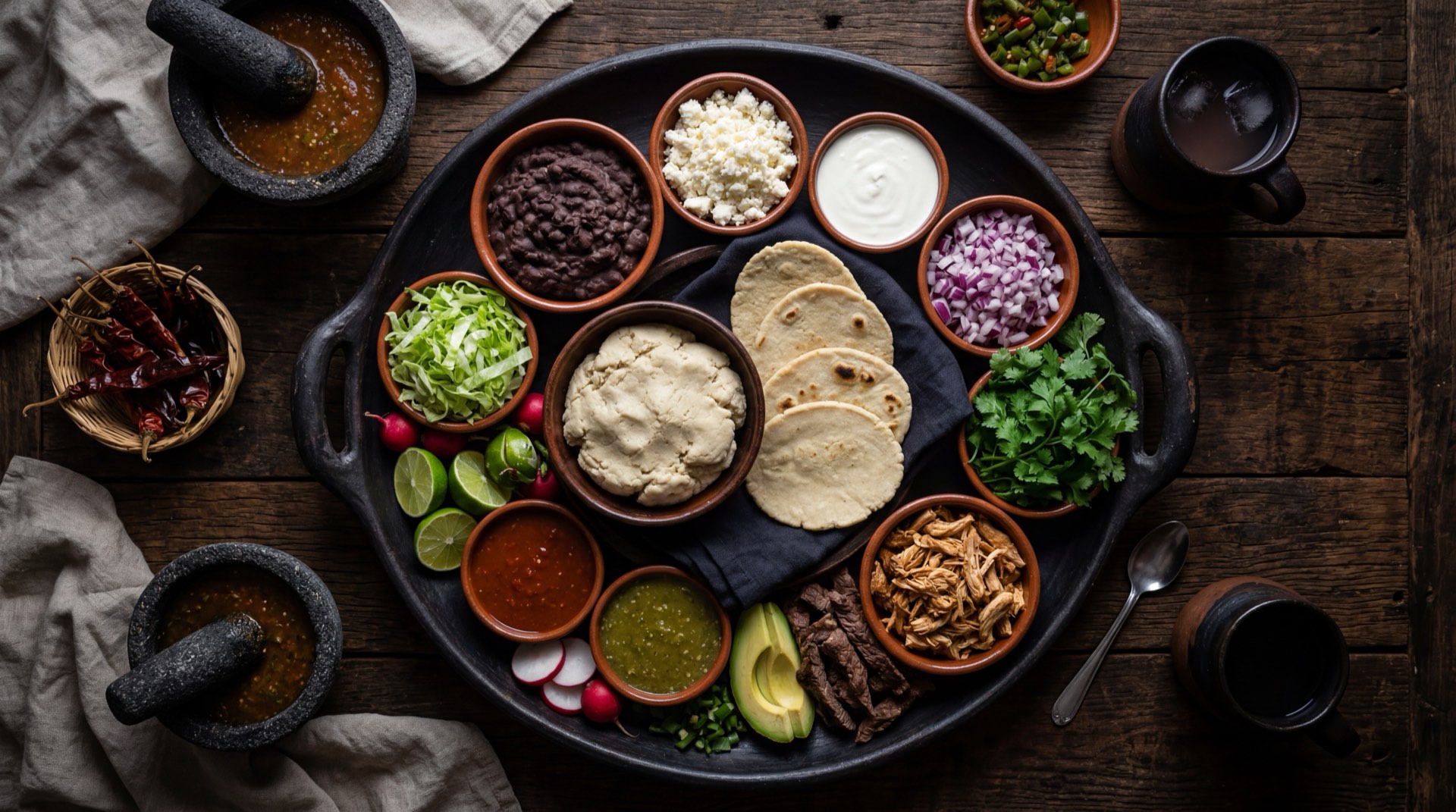 Ingredientes para huaraches mexicanos: masa de maiz fresca, frijoles negros refritos espesos, queso fresco mexicano desmoronado, crema agria mexicana, salsa verde de tomatillo, cebolla blanca picada, cilantro fresco picado, manteca de cerdo