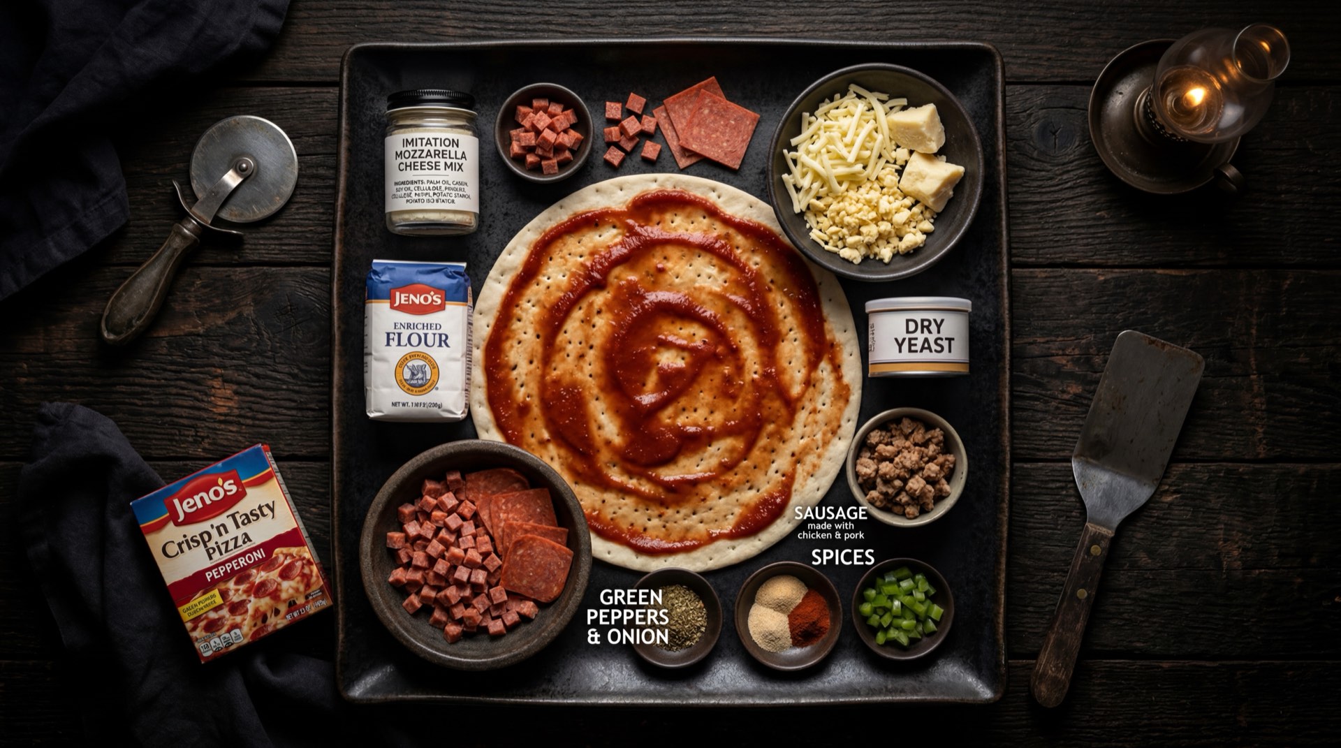 Ingredientes para pizza estilo Jeno's: harina de trigo para todo uso, queso mozzarella rallado, salsa de tomate para pizza, jamon de cerdo en rodajas finas, maiz dulce desgranado, aceitunas negras, pimenton rojo en tiras y cebolla morada en aros