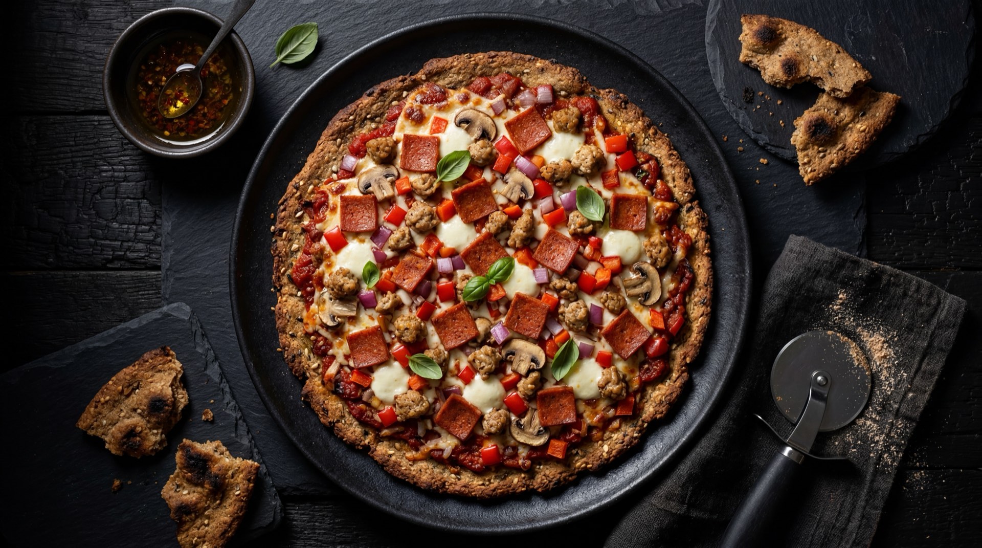 Pizza saludable estilo Jeno's con masa integral delgada, queso mozzarella light, tomate rojo fresco en rodajas, champiñones frescos laminados y pimenton rojo en tiras sobre superficie oscura