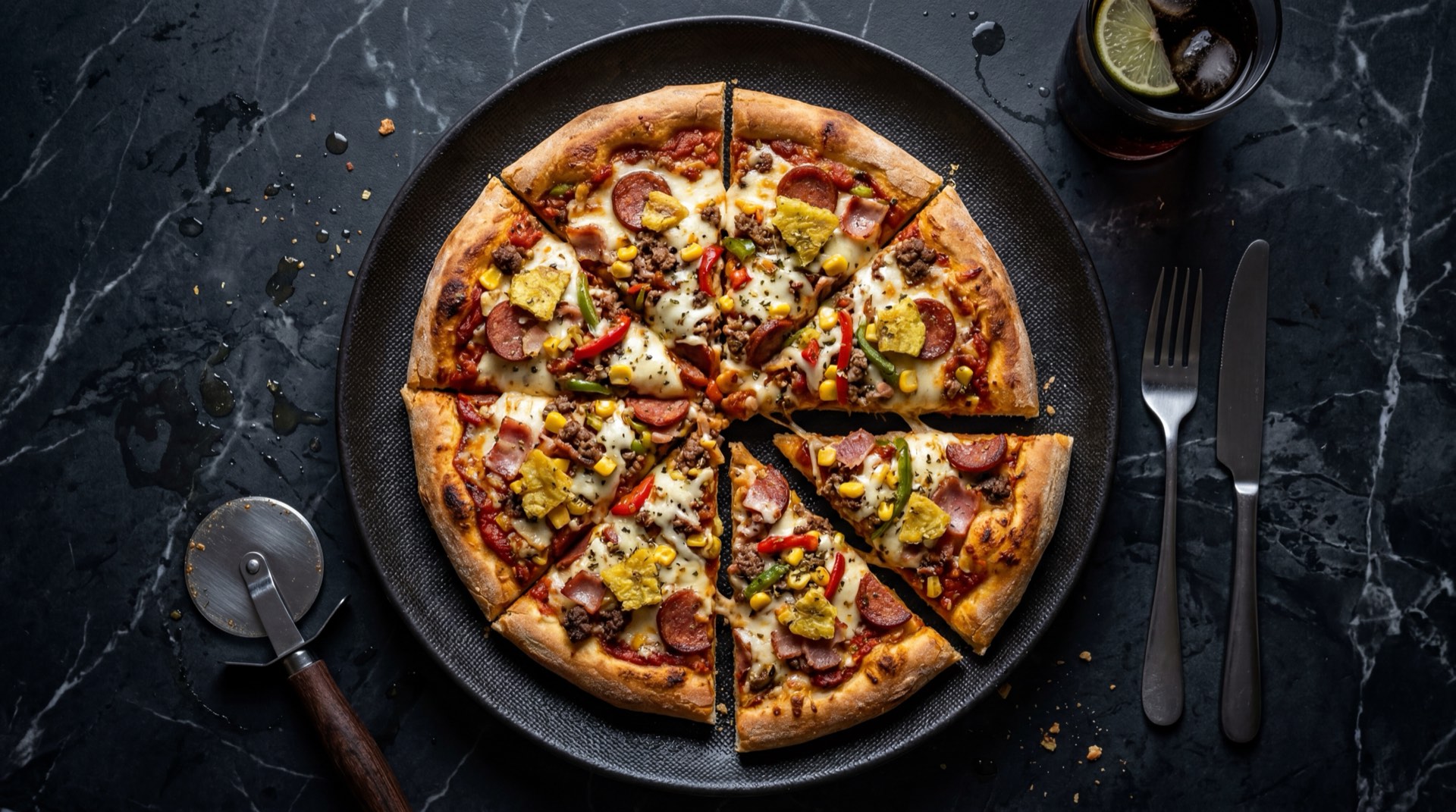 Pizza Jeno's colombiana con queso mozzarella derretido, salsa de tomate y borde dorado crujiente en plato oscuro