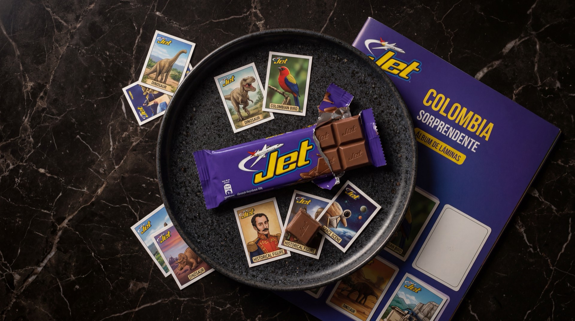 Barra de Chocolate Jet de Nacional de Chocolates, la chocolatina colombiana mas iconica, sobre superficie de marmol oscuro