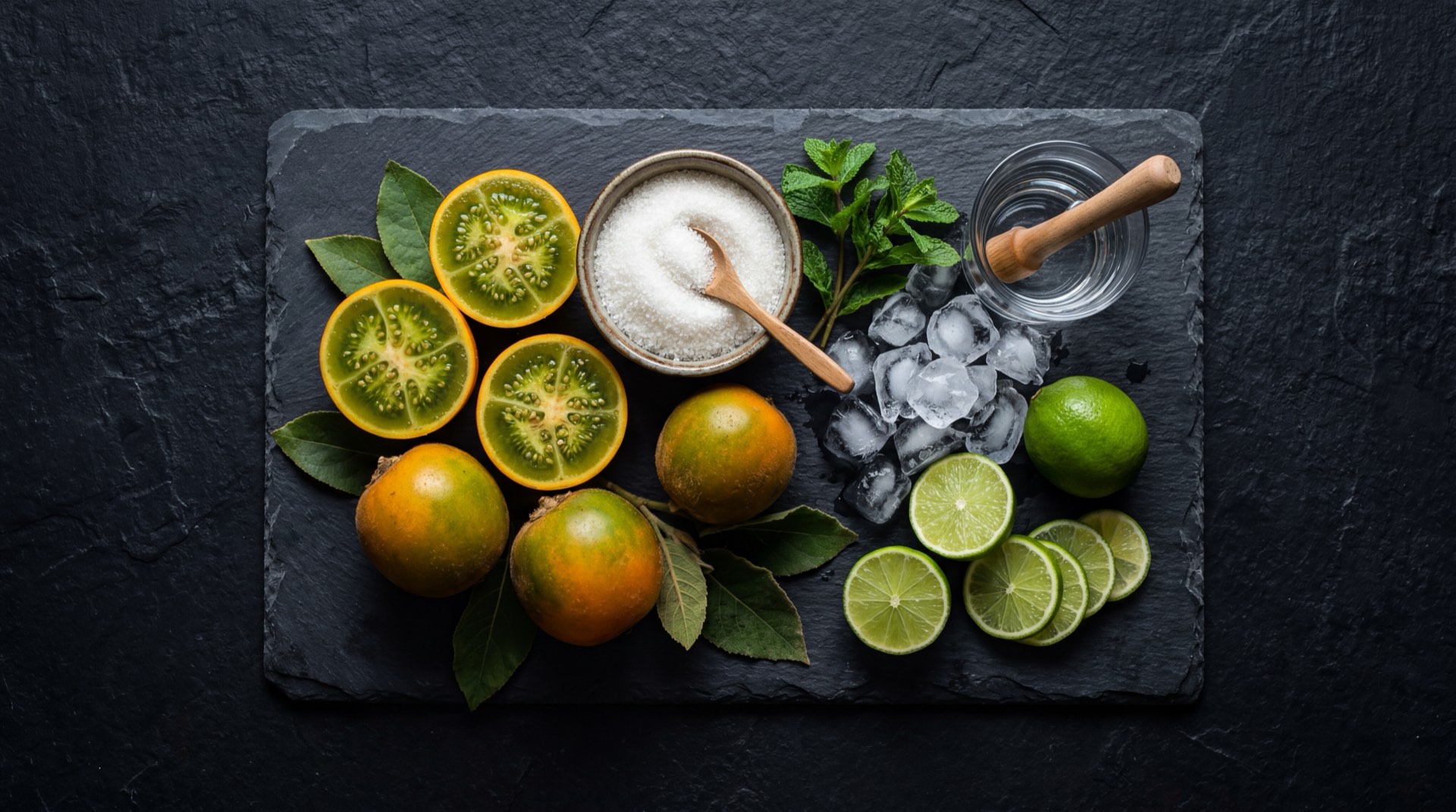 Caja de jugo Hit de lulo abierta junto a lulos frescos enteros y cortados por la mitad mostrando la pulpa verde acida sobre superficie oscura