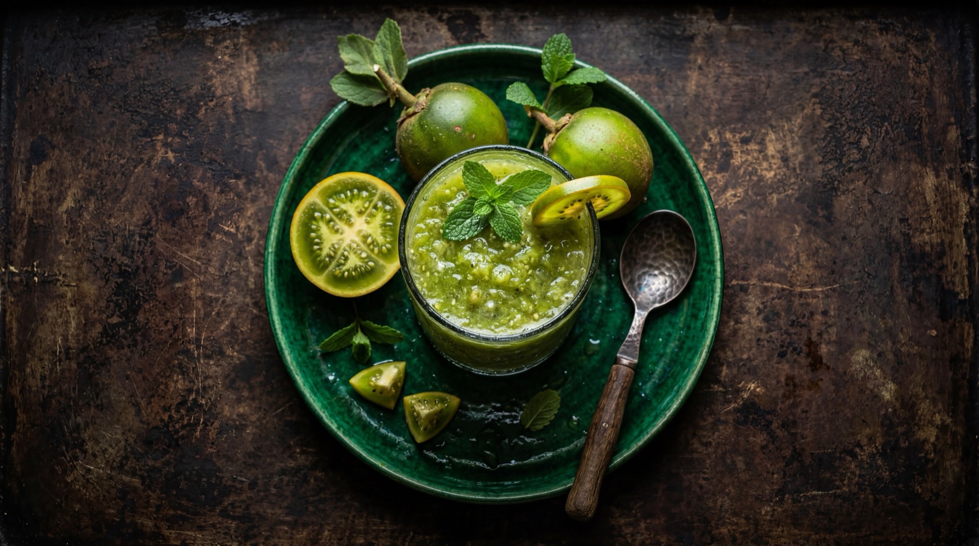 Vaso de jugo de lulo natural hecho en casa con lulos frescos cortados y hielo como alternativa saludable al jugo Hit de lulo