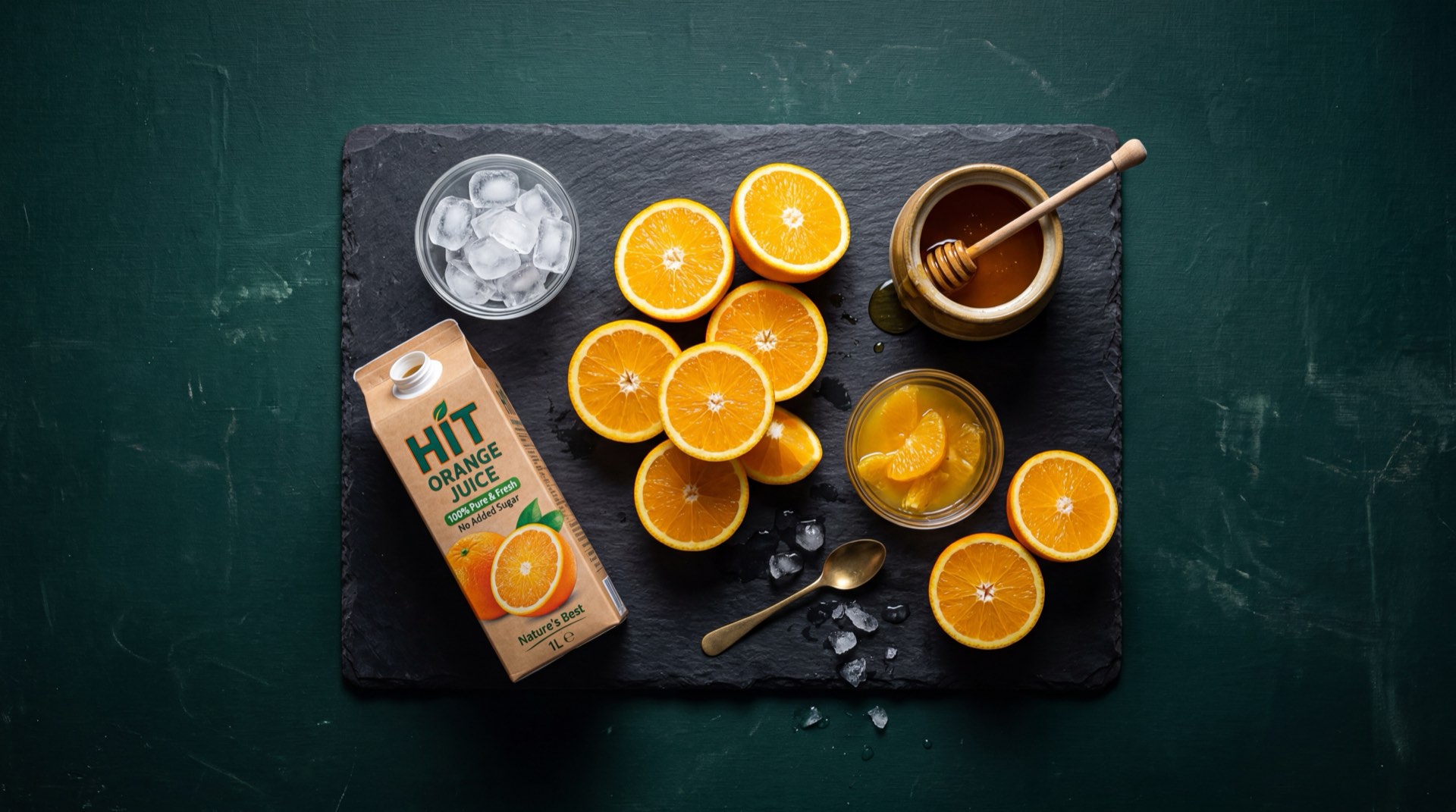 Caja de jugo Hit de naranja abierta junto a naranjas frescas cortadas por la mitad sobre superficie oscura