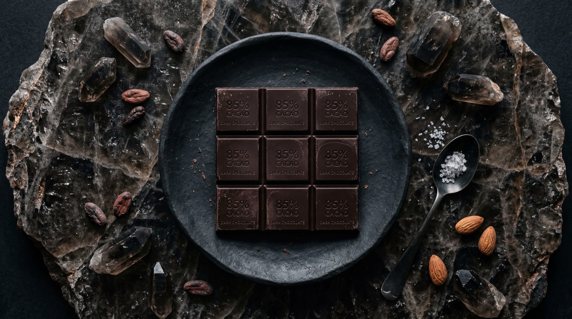 Alternativa saludable: cuadros pequenos de chocolate negro amargo 70% cacao sobre plato oscuro con fresas frescas y almendras naturales