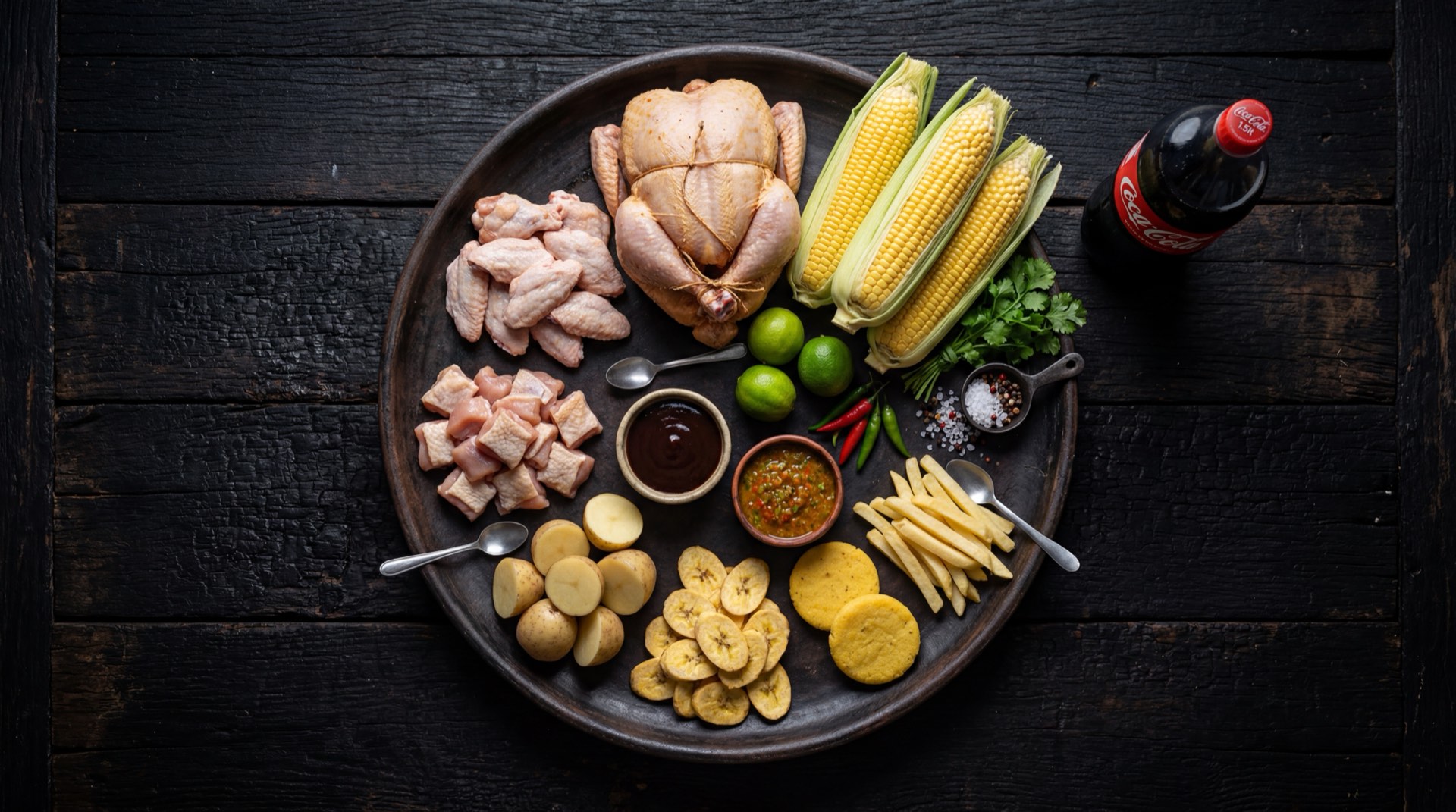 Componentes del combo Kokoriko: cuarto de pollo crudo marinado con especias, arroz blanco cocido, ensalada fresca de lechuga, tomate rojo maduro y cebolla morada