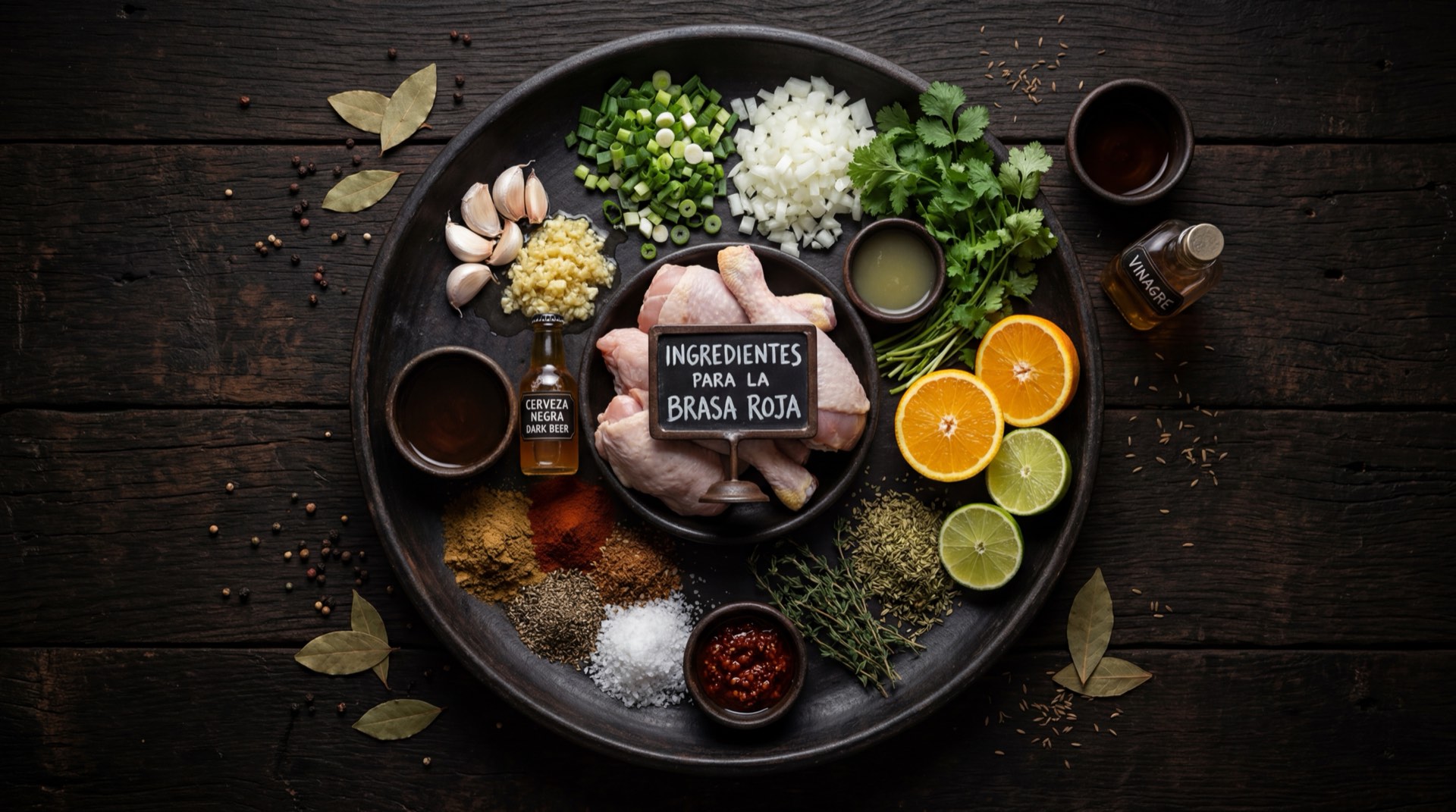 Ingredientes del pollo asado estilo La Brasa Roja: pollo entero fresco crudo, dientes de ajo fresco, comino molido, pimenton rojo dulce en polvo, pimienta negra molida, sal gruesa, limones verdes frescos, arroz blanco crudo, lechuga verde fresca y tomate rojo maduro