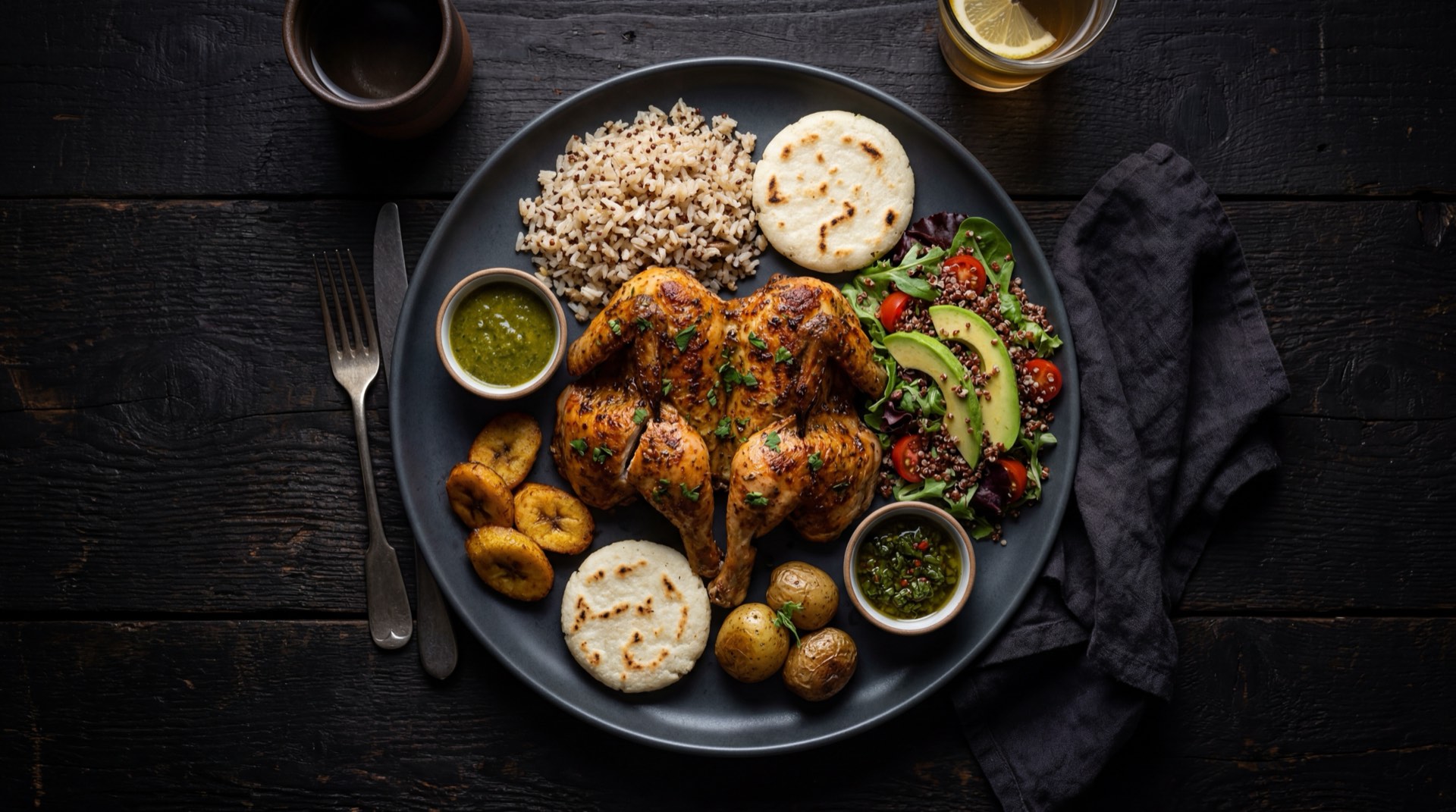 Version saludable del combo de La Brasa Roja con cuarto de pollo asado sin piel, ensalada verde abundante con tomate rojo maduro y aguacate fresco, sin arroz