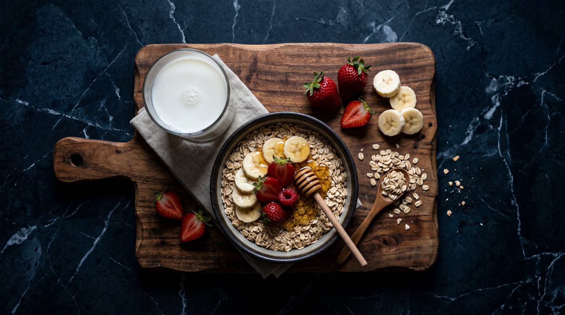 Leche Alqueria entera vertida en vaso de vidrio transparente junto a empaque de carton azul y blanco de un litro sobre superficie de madera oscura
