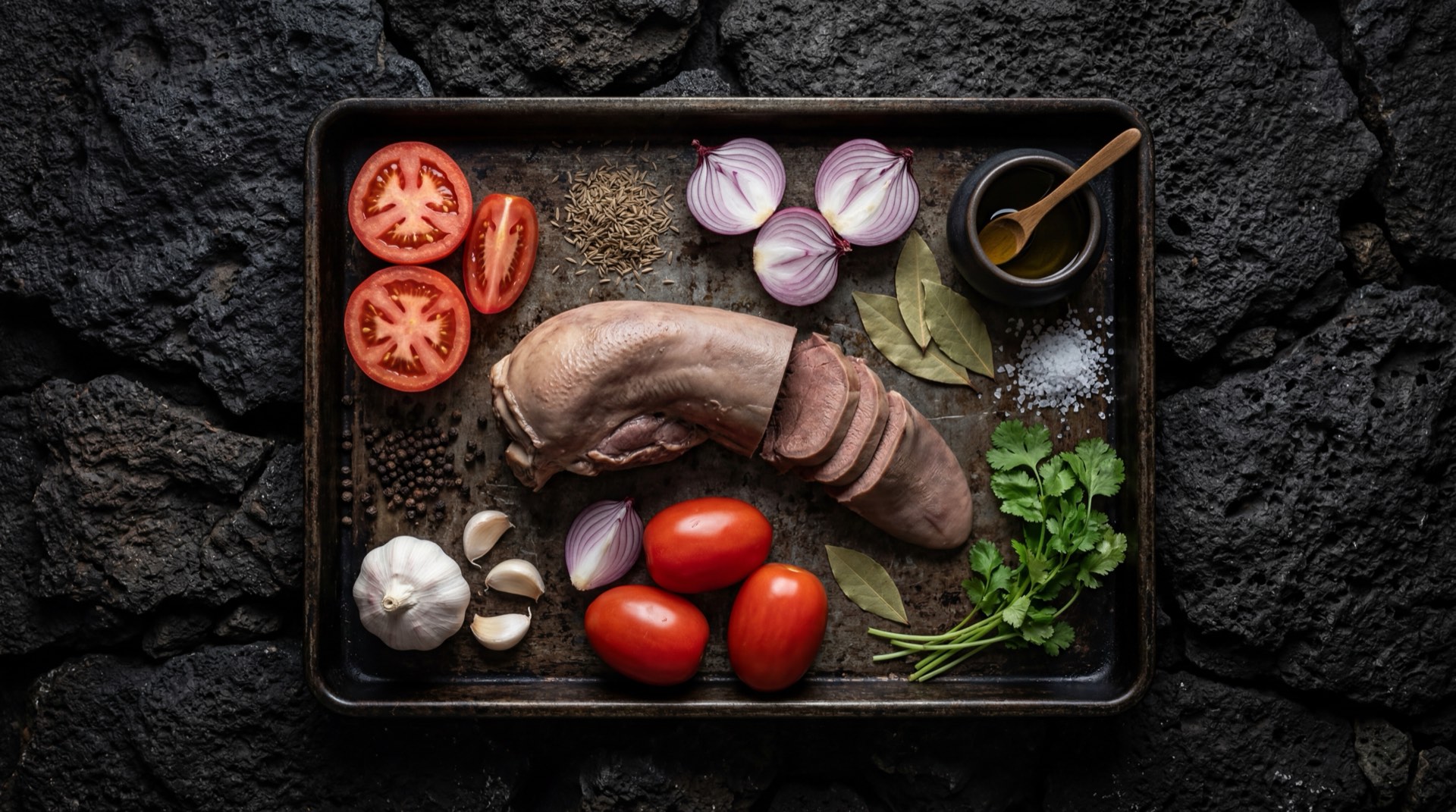 Ingredientes de la lengua en salsa colombiana: lengua de res entera fresca, tomates rojos maduros grandes, cebolla larga fresca, cebolla cabezona blanca, dientes de ajo fresco, comino molido, color achiote en polvo, hojas de laurel seco, sal y pimienta negra molida