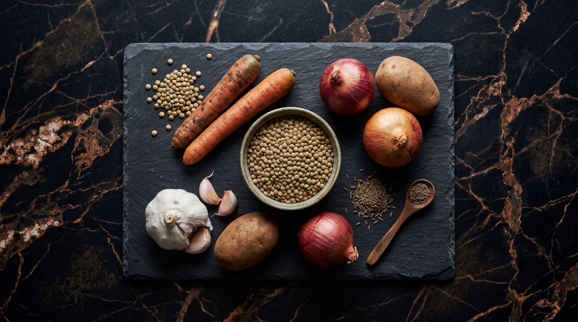 Ingredientes para sopa de lentejas colombiana: lentejas secas verdes, papas criollas amarillas, zanahorias naranjas grandes, platano verde, tomate rojo maduro, cebolla larga fresca, dientes de ajo fresco, comino molido y cilantro fresco