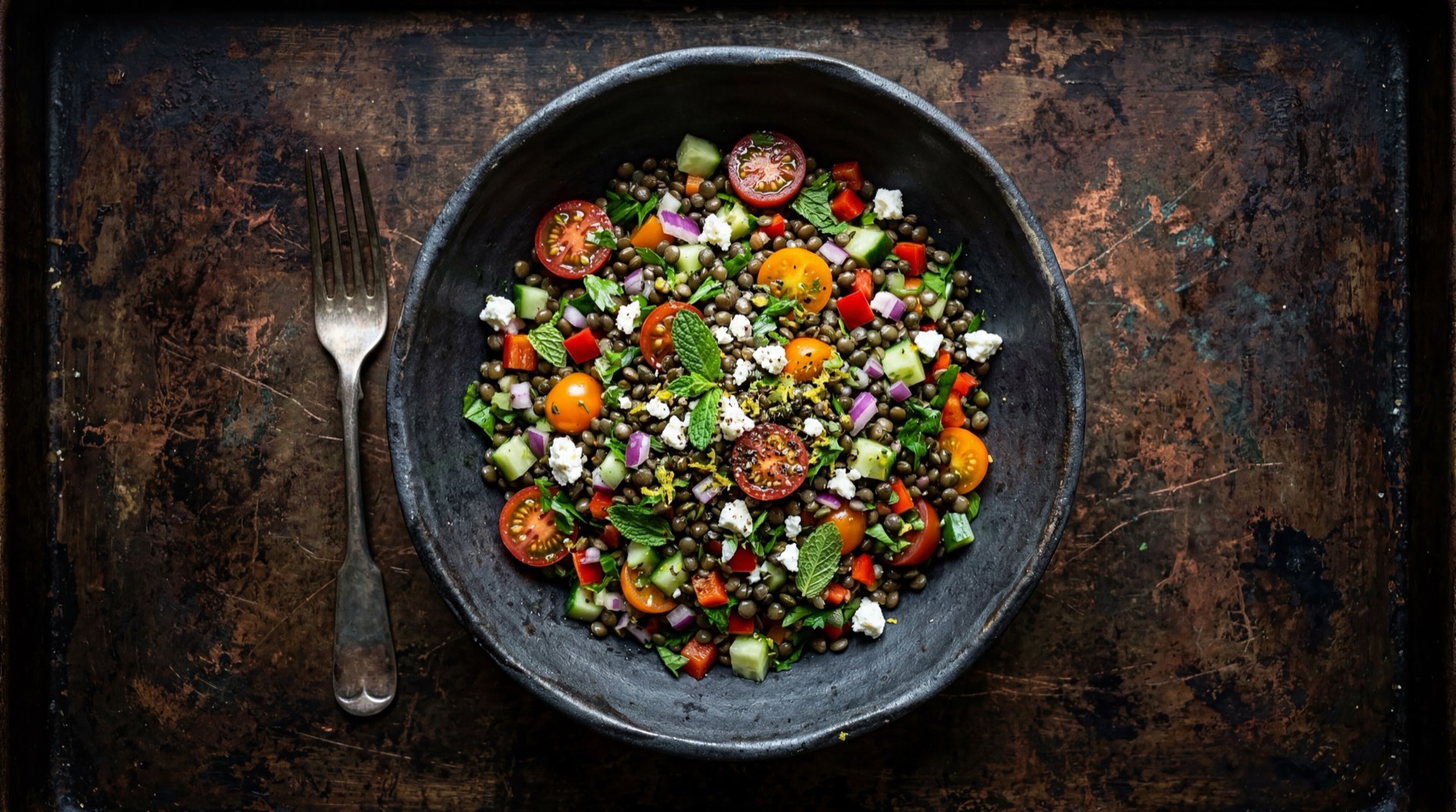 Ensalada de lentejas colombiana version saludable con verduras frescas y limon verde sobre plato de ceramica oscura