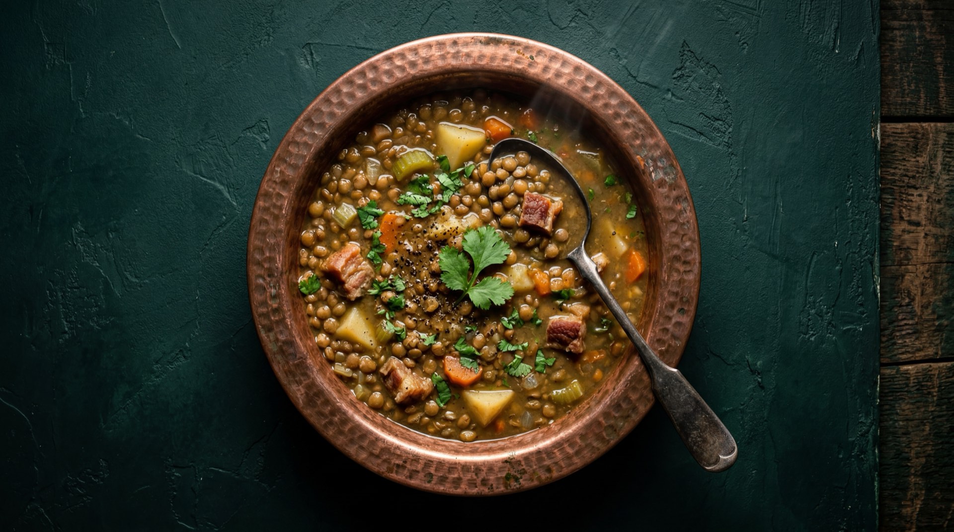 Sopa de lentejas colombiana con papa criolla amarilla y cilantro fresco en cazuela de barro sobre mesa de concreto gris oscuro