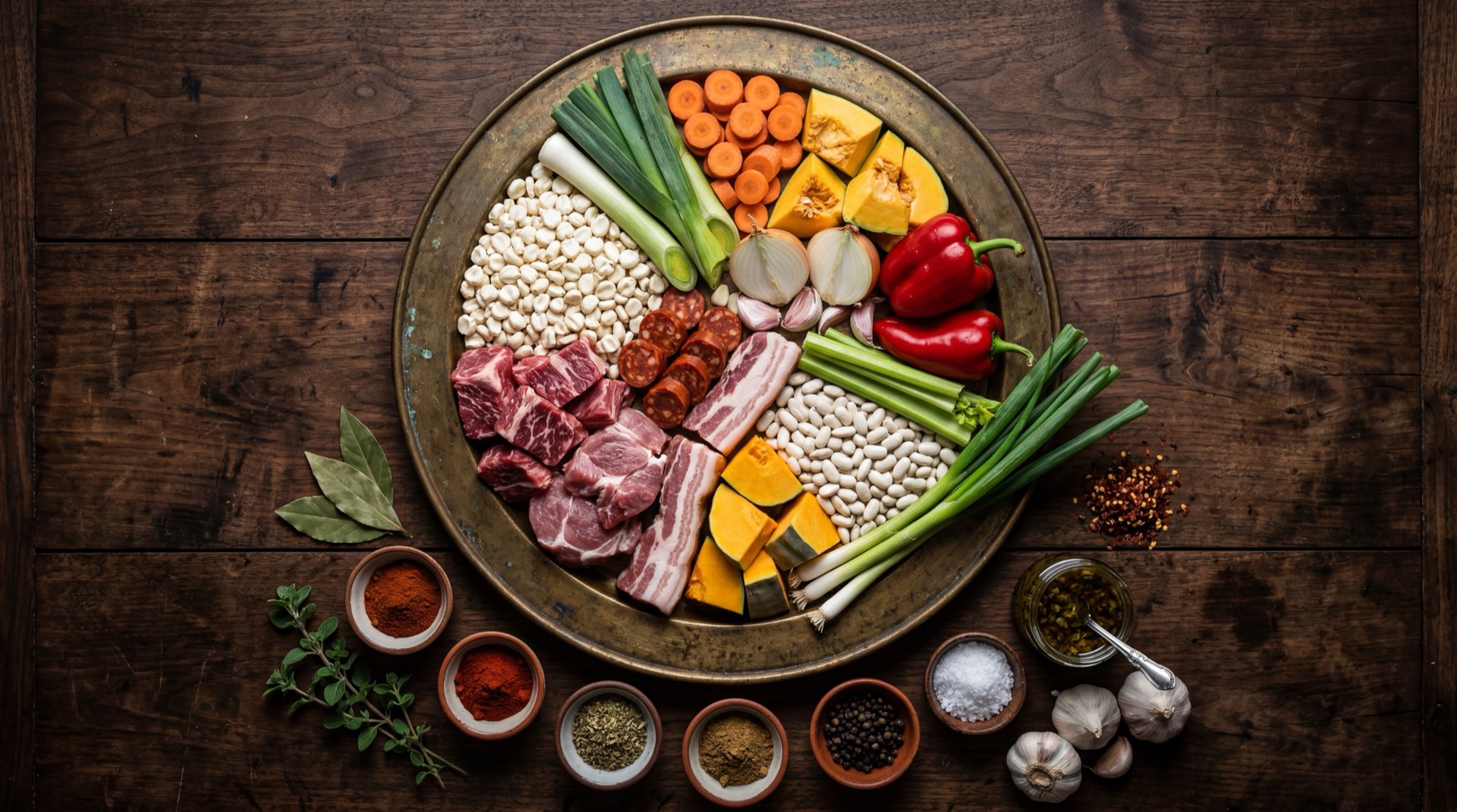 Ingredientes del locro argentino: maiz blanco pisado, porotos pallares secos, carne de res para guiso, panceta ahumada, chorizos colorados argentinos, zapallo anco, cebollas blancas grandes, ajo fresco y comino molido