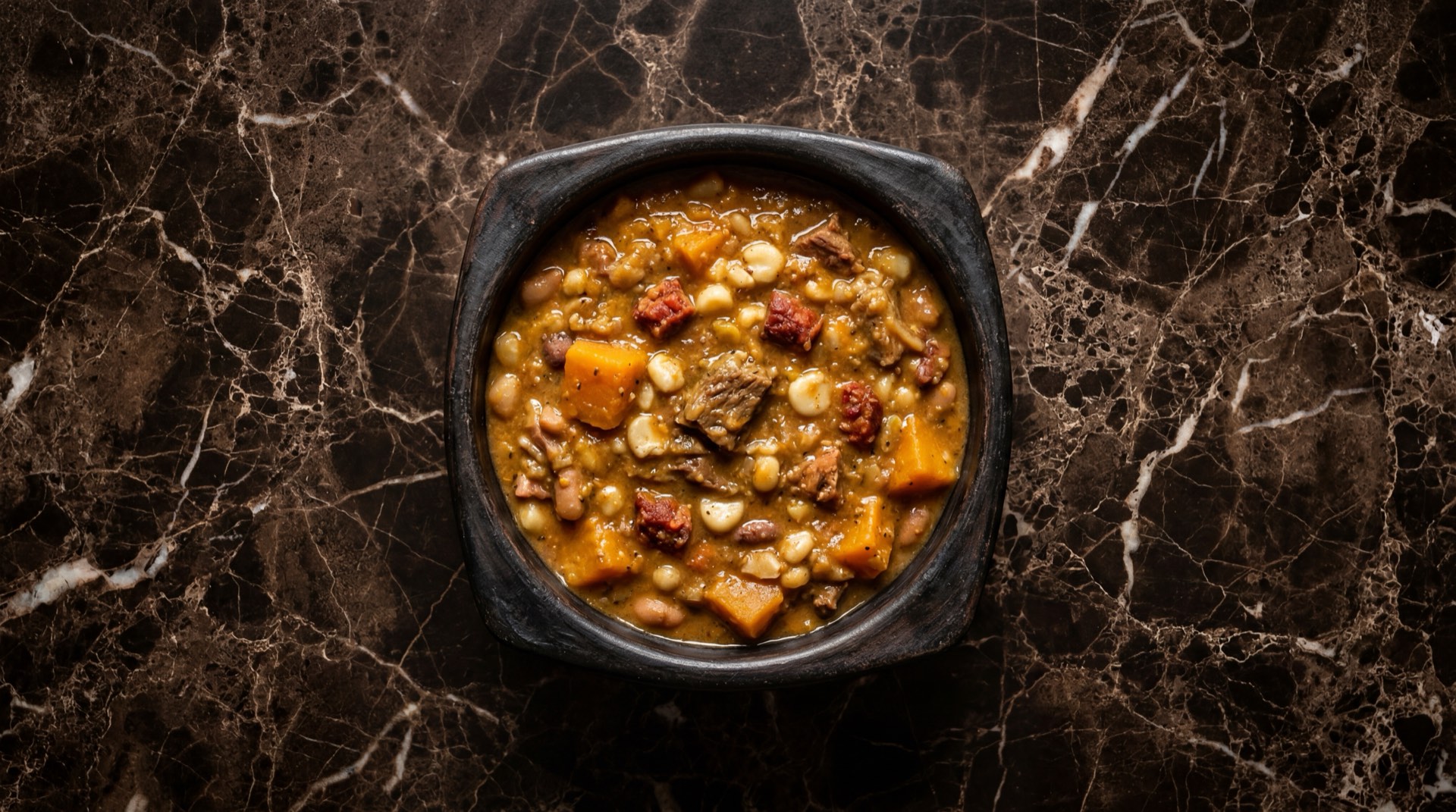 Locro argentino espeso con maiz blanco pisado, carne de res, zapallo anco, porotos pallares y chorizo colorado en cazuela de barro
