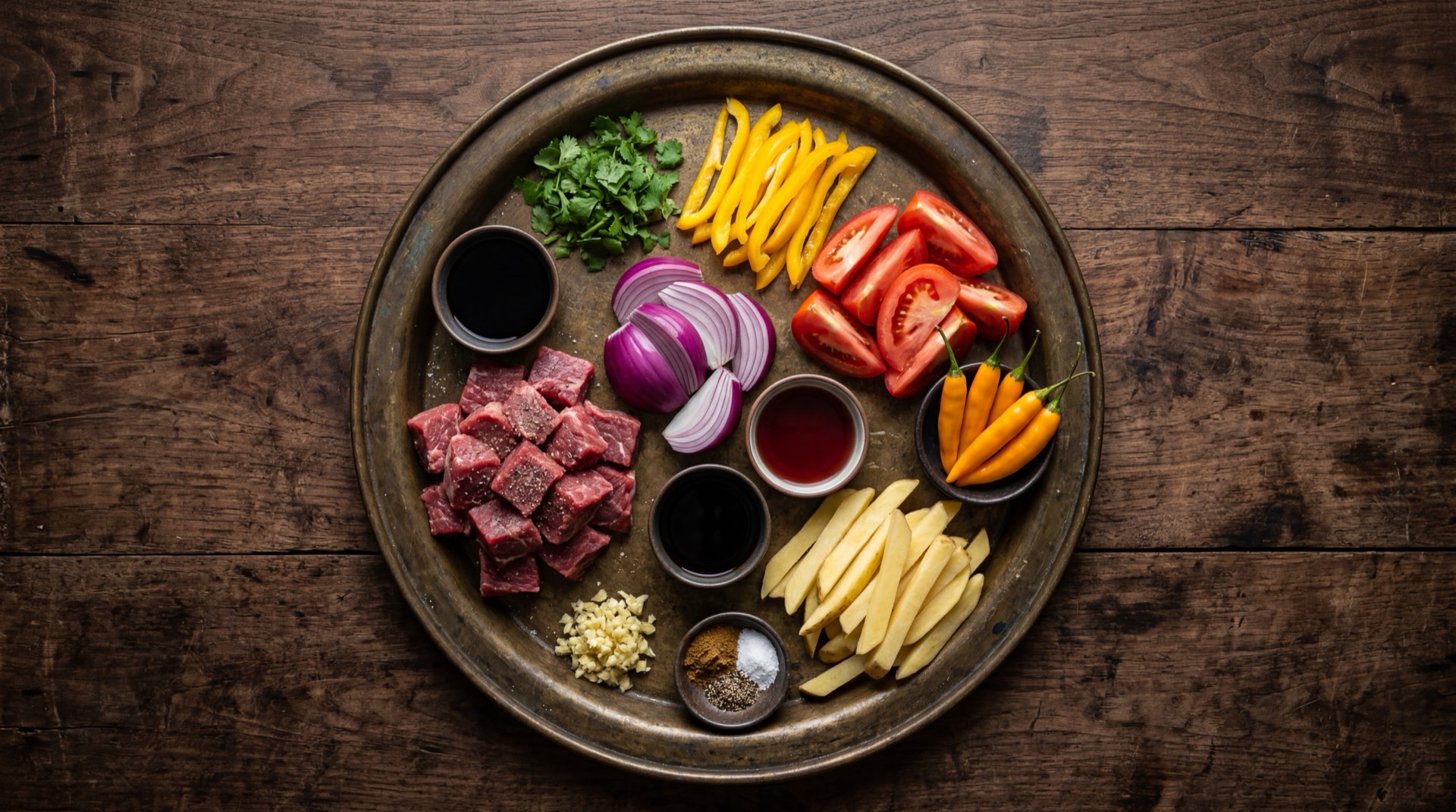 Ingredientes del lomo saltado peruano: lomo fino de res en tiras gruesas, cebollas rojas grandes en gajos, tomates rojos maduros en gajos, ajies amarillos frescos enteros, salsa de soya oscura, vinagre tinto, dientes de ajo fresco, papas blancas en bastones, arroz blanco cocido y cilantro fresco