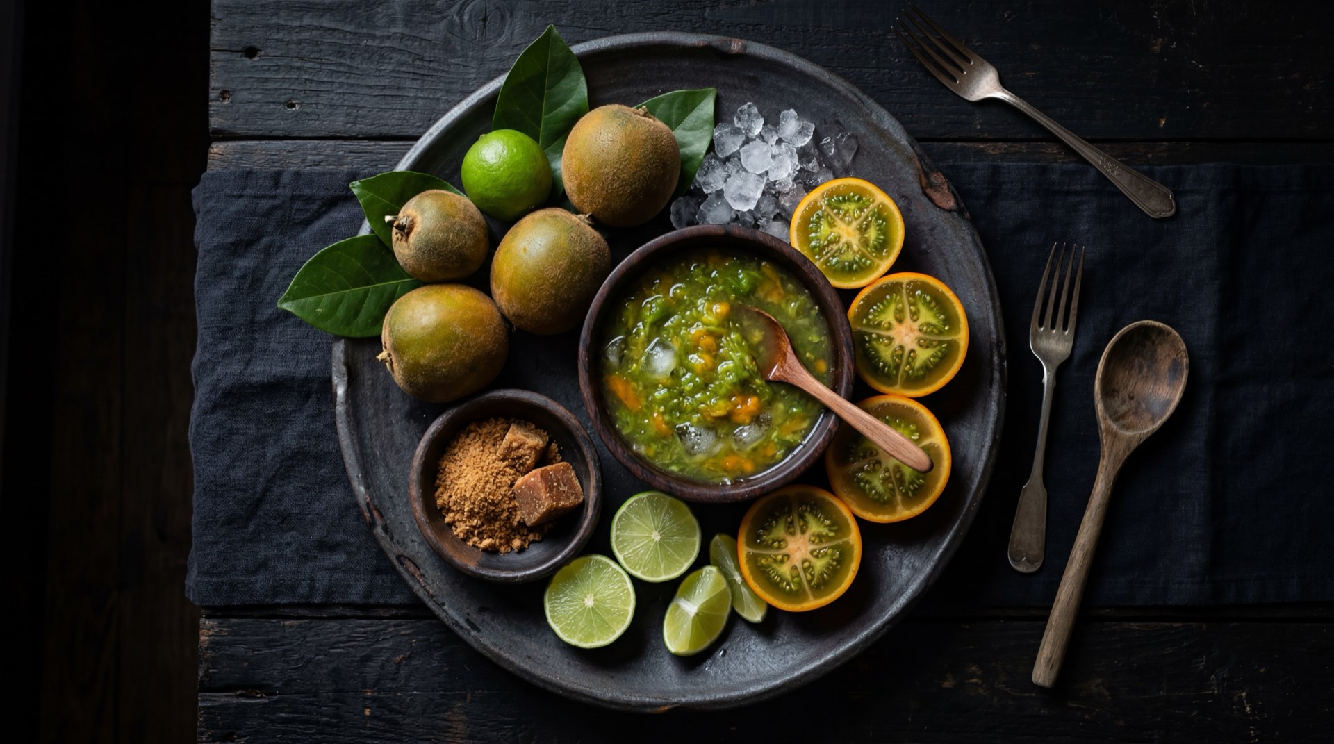 Ingredientes de la lulada calena: lulos maduros frescos enteros y cortados, azucar blanca, limones verdes frescos cortados y hielo picado sobre plato de pizarra cruda