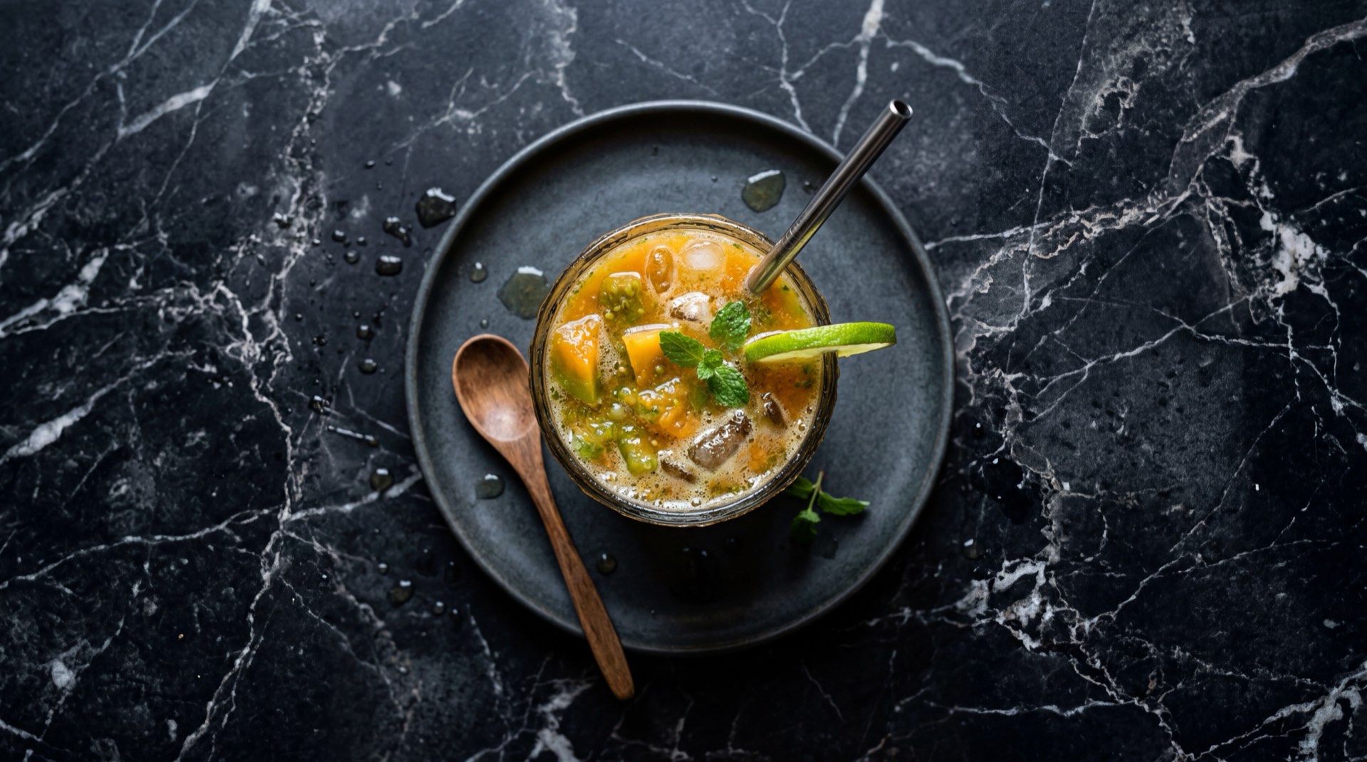 Lulada calena con trozos de lulo fresco y hielo picado en vaso de vidrio grande sobre mesa de piedra caliza oscura