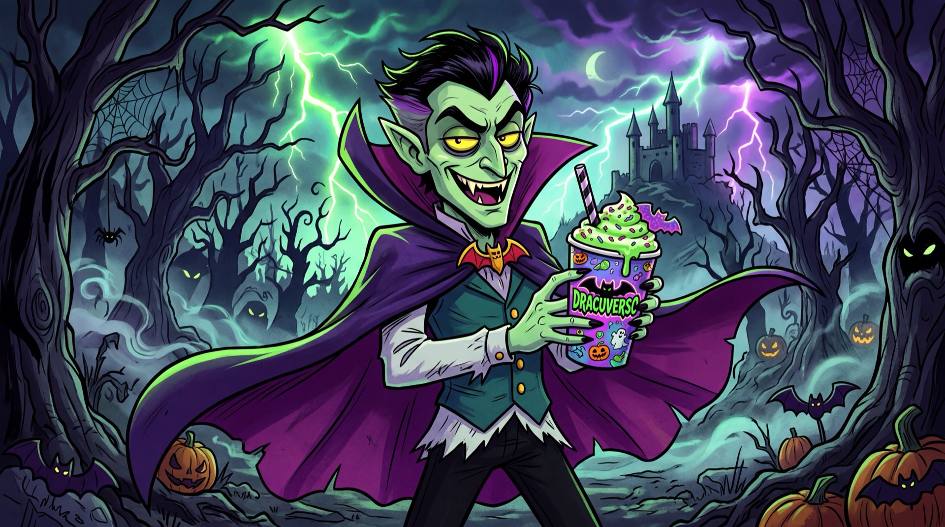 Dracula del Dracuverso de El Corral, el vampiro verde mascota de la temporada de terror con su malteada