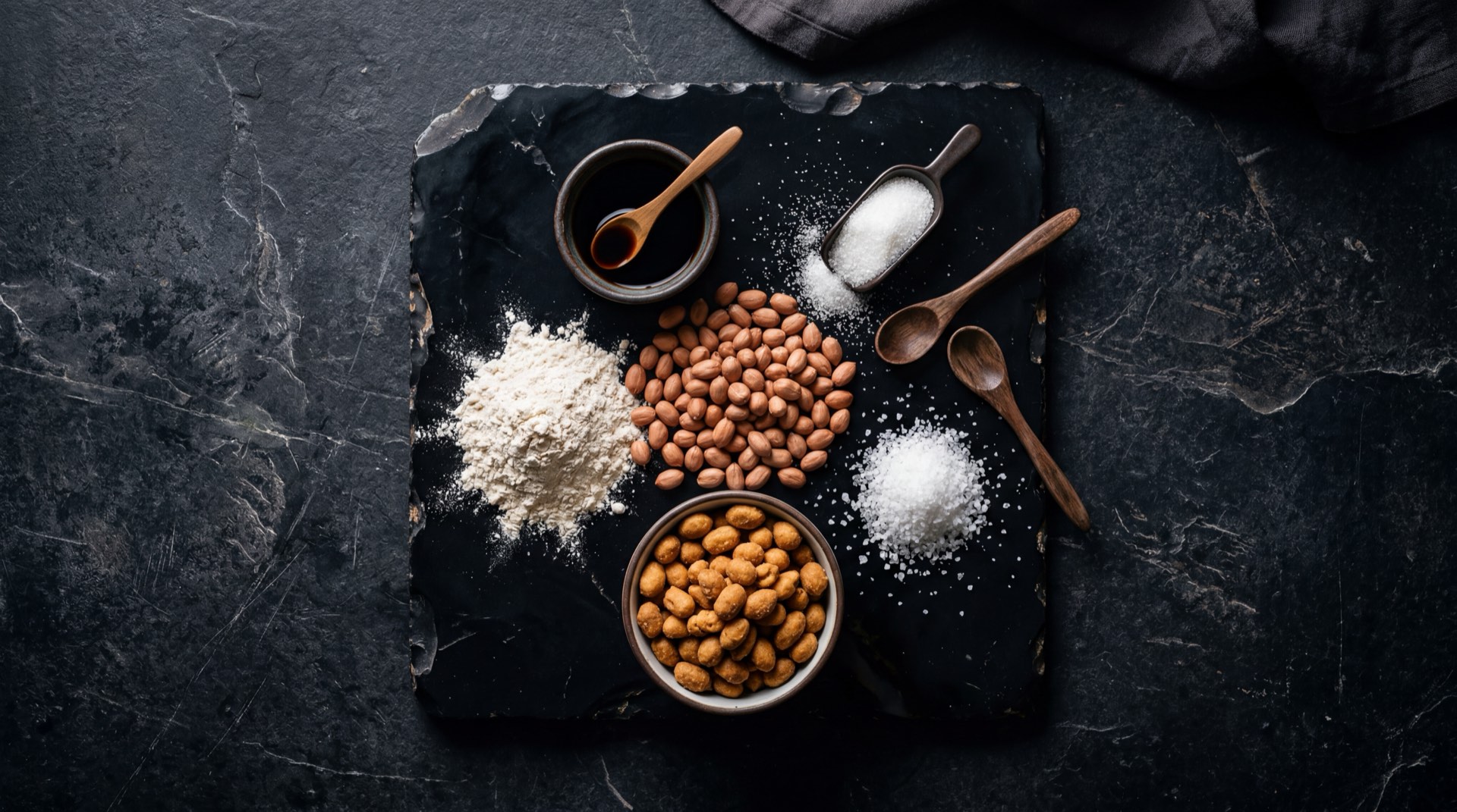 Ingredientes del Manimoto: granos de mani crudo tostado, harina de trigo refinada, almidon de maiz amarillo, sal marina y especias sobre superficie de piedra volconica