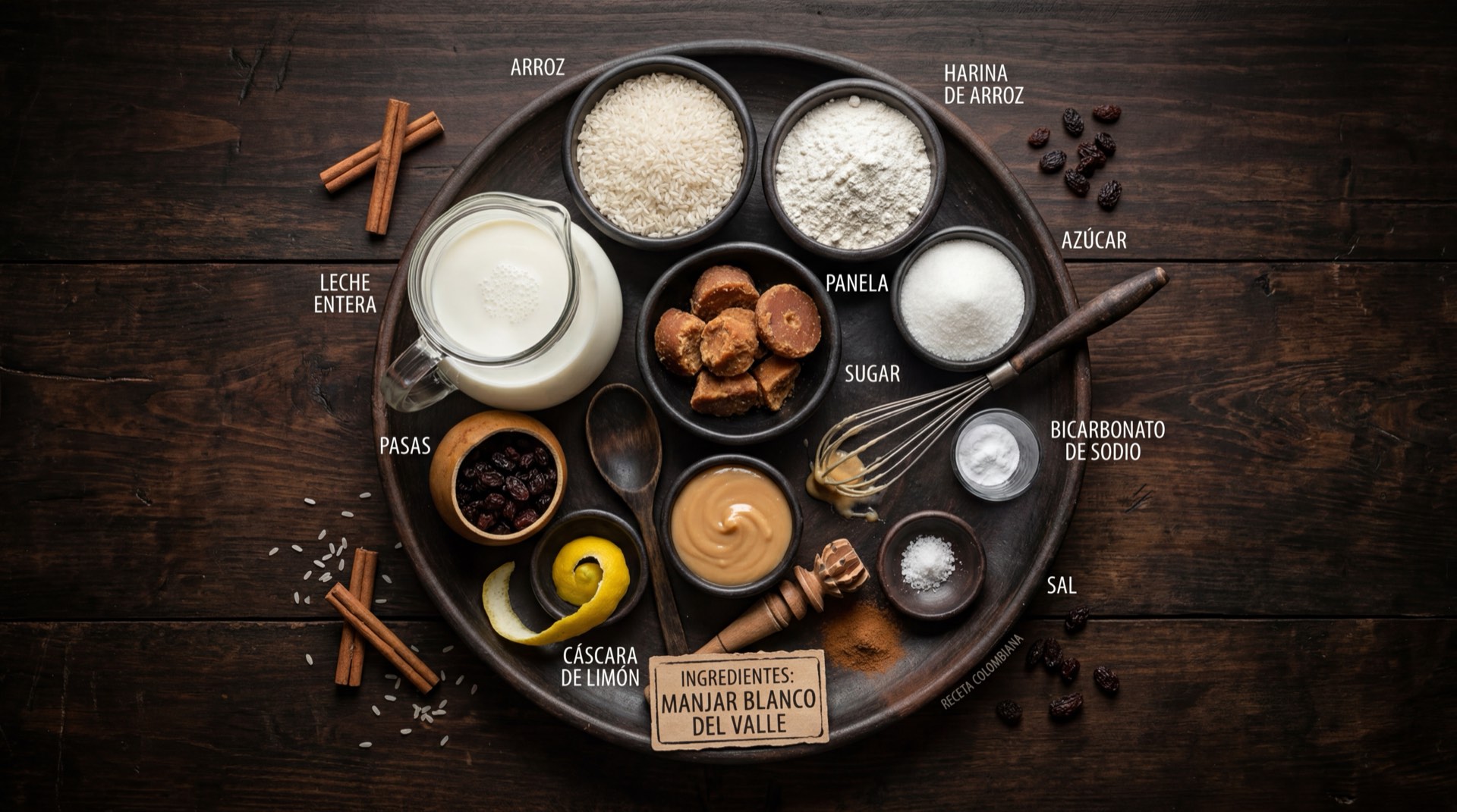 Ingredientes del manjar blanco: leche entera fresca de vaca, azucar blanca, bicarbonato de sodio, canela en rama y esencia de vainilla