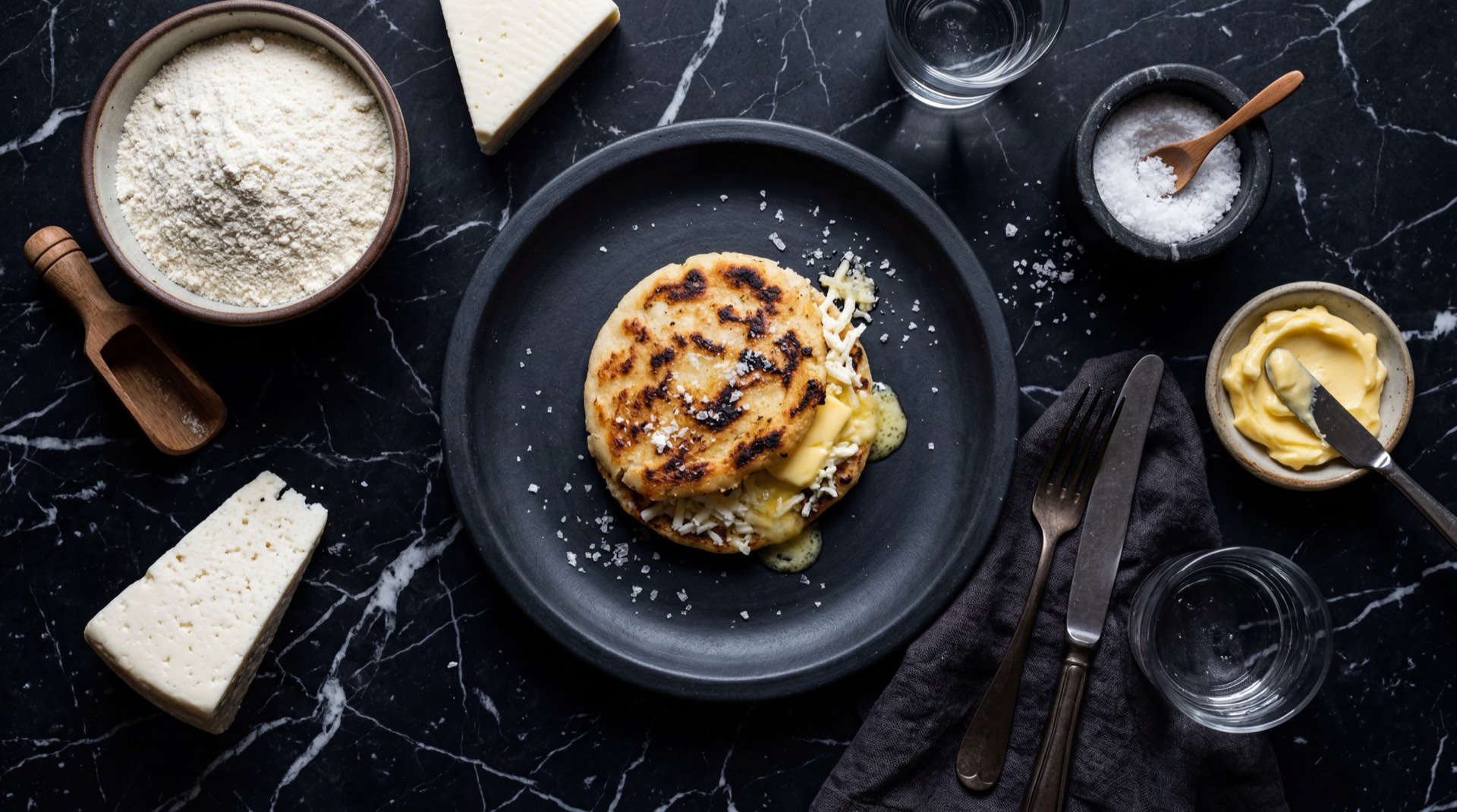 Ingredientes para arepa con mantequilla y queso colombiana: harina de maiz precocida blanca, mantequilla con sal en barra, queso costeno rallado fresco, sal fina y agua