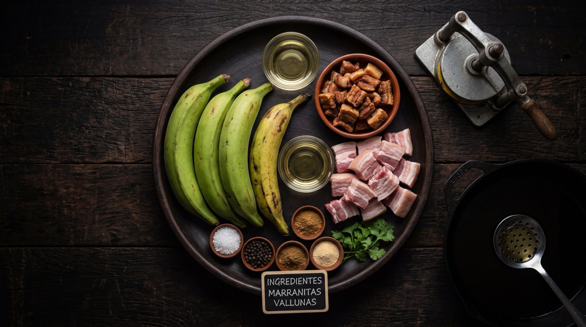 Ingredientes de los marranitas vallenas: platanos maduros de cascara negra, queso costeno en tiras, harina de trigo, huevos, leche entera y aceite vegetal