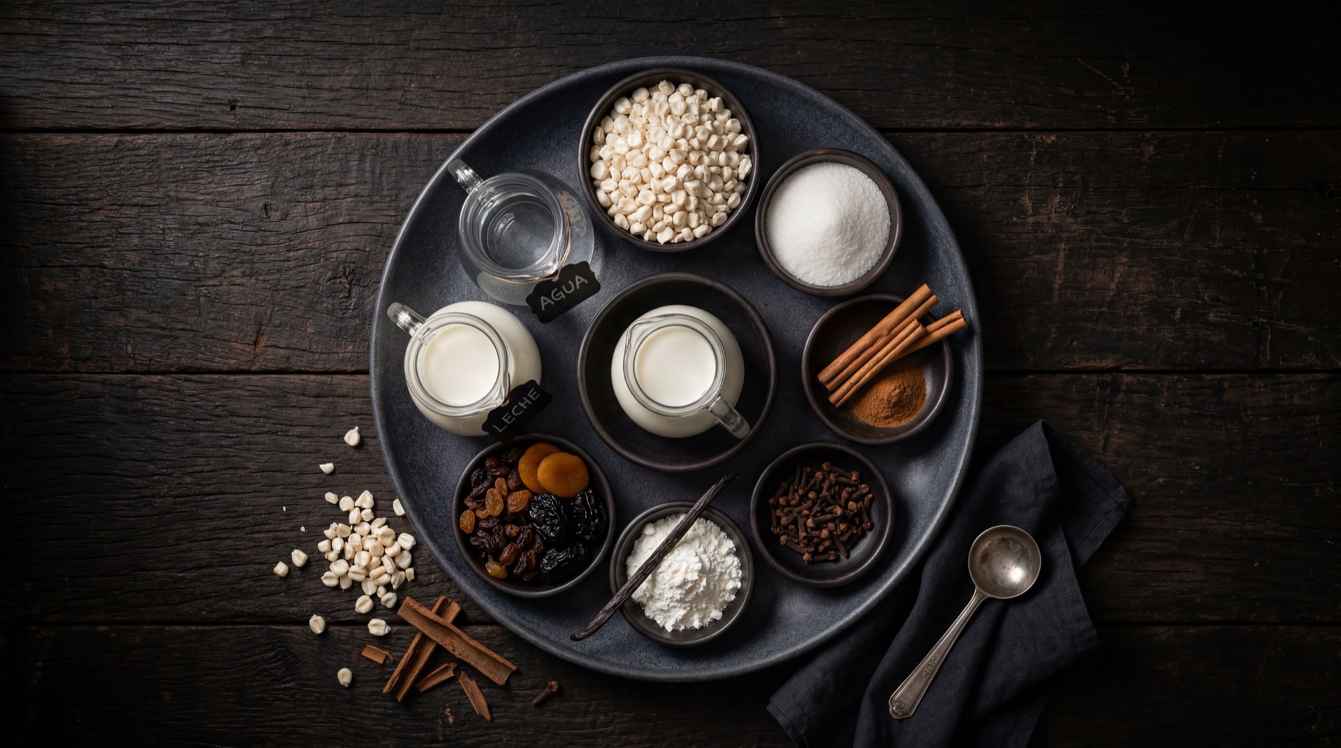 Ingredientes de la mazamorra: maiz blanco pelado seco, leche entera fresca de vaca, panela raspada y canela en rama