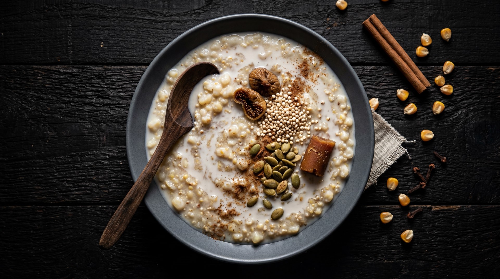 Mazamorra con leche version saludable con leche descremada y sin azucar, solo panela raspada