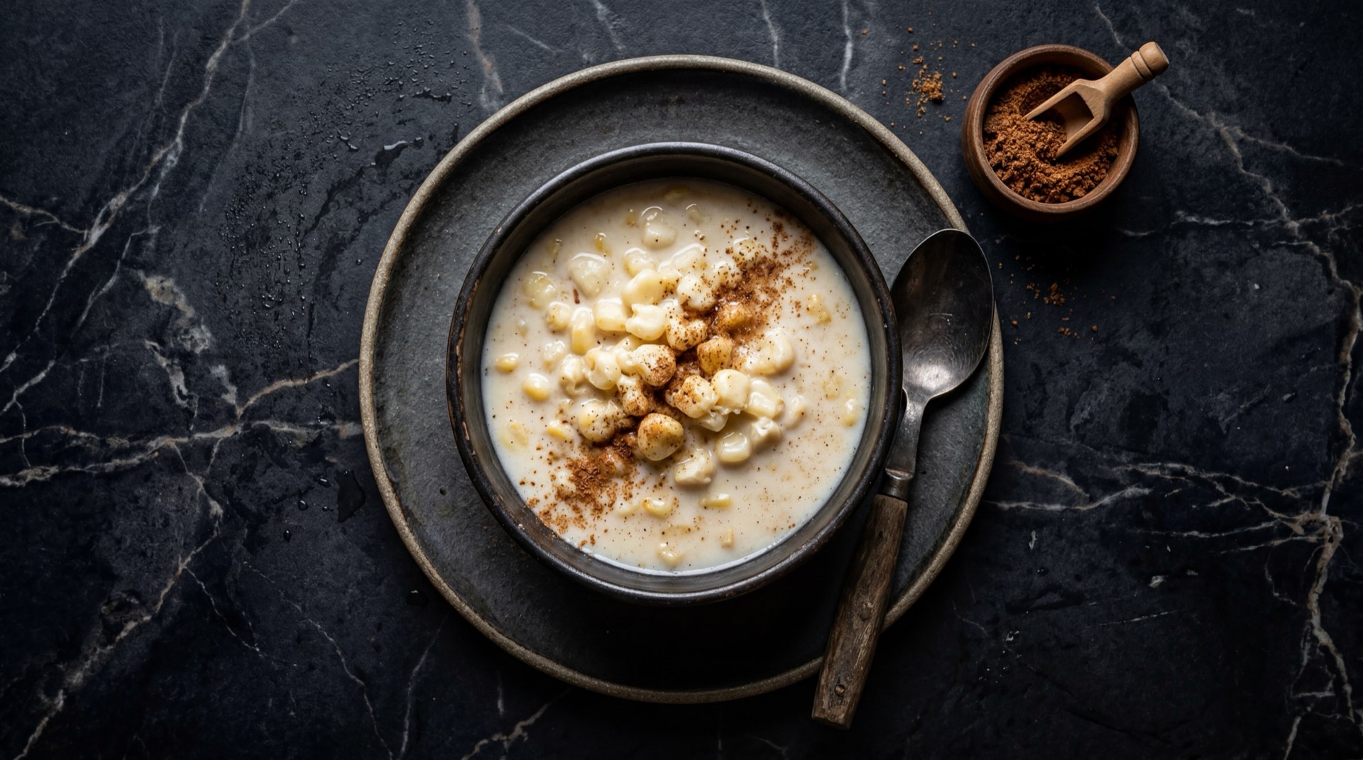 Mazamorra con leche antioquena, maiz blanco pelado cocido con leche fresca y panela raspada en plato hondo