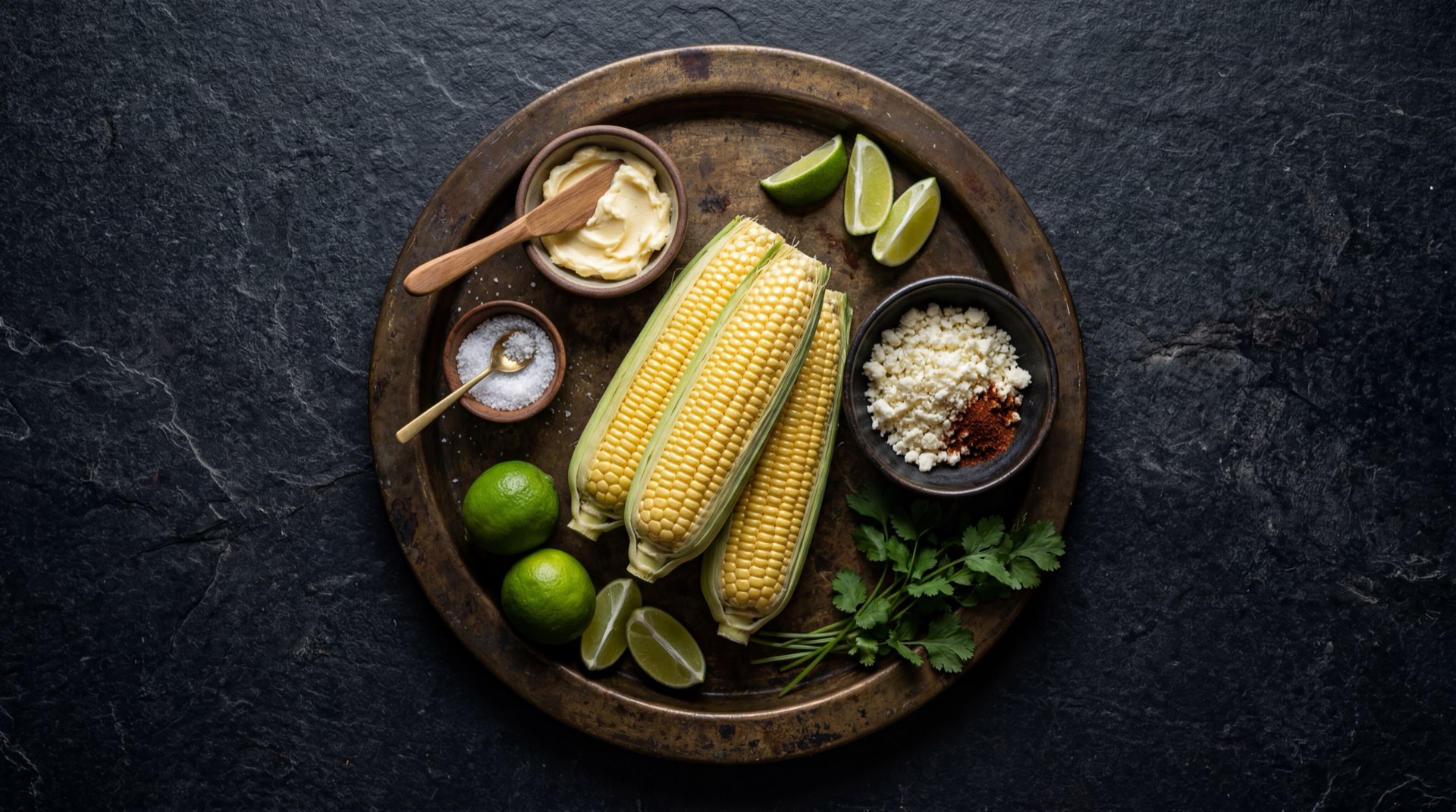 Ingredientes de la mazorca colombiana asada: mazorcas tiernas de maiz colombiano con hojas verdes, mantequilla sin sal en bloque, sal gruesa marina y limon verde fresco