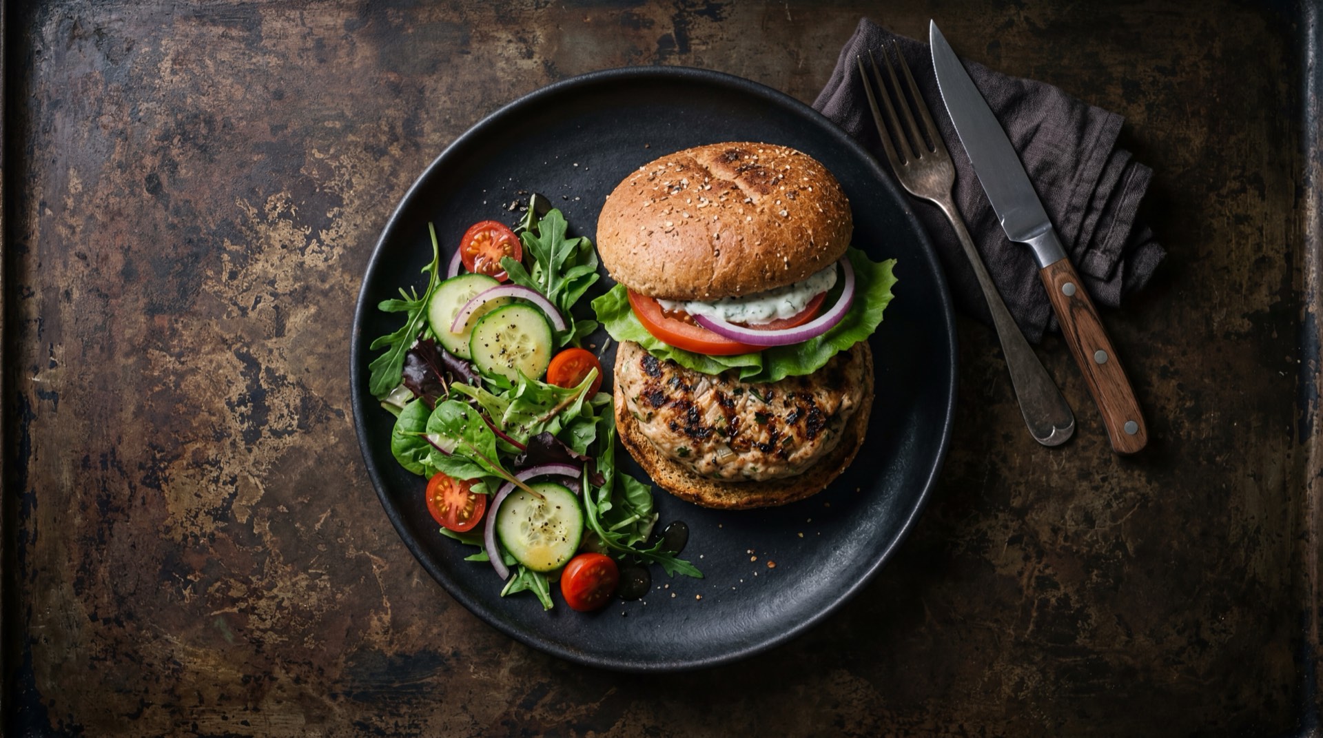 Hamburguesa saludable estilo Big Mac con carne magra, lechuga iceberg fresca, tomate rojo y sin salsa extra, version baja en calorias