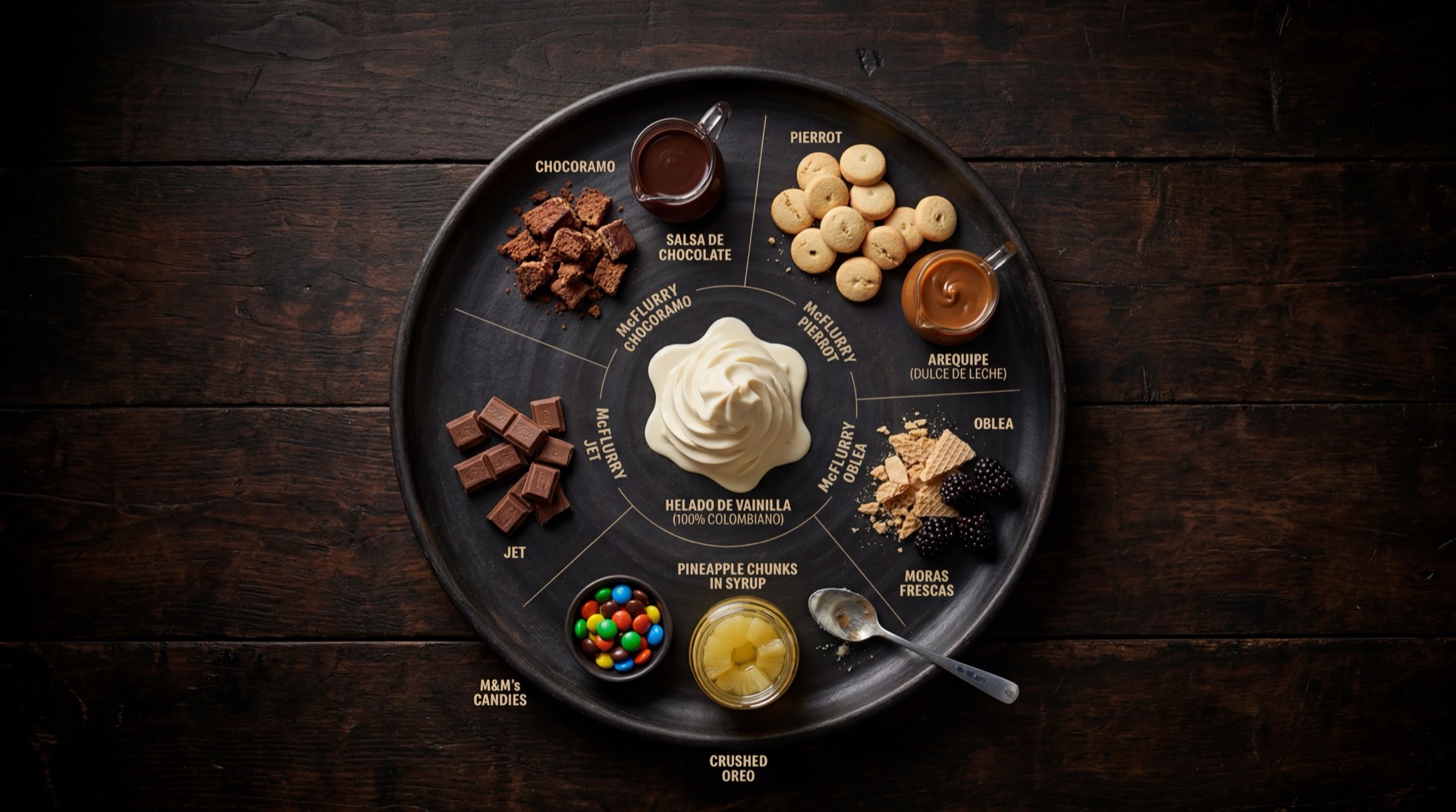 Ingredientes del McFlurry casero: helado de vainilla cremoso en tarro, galletas Oreo originales enteras, confites M&M's de chocolate de colores, salsa de chocolate espesa y leche entera fria