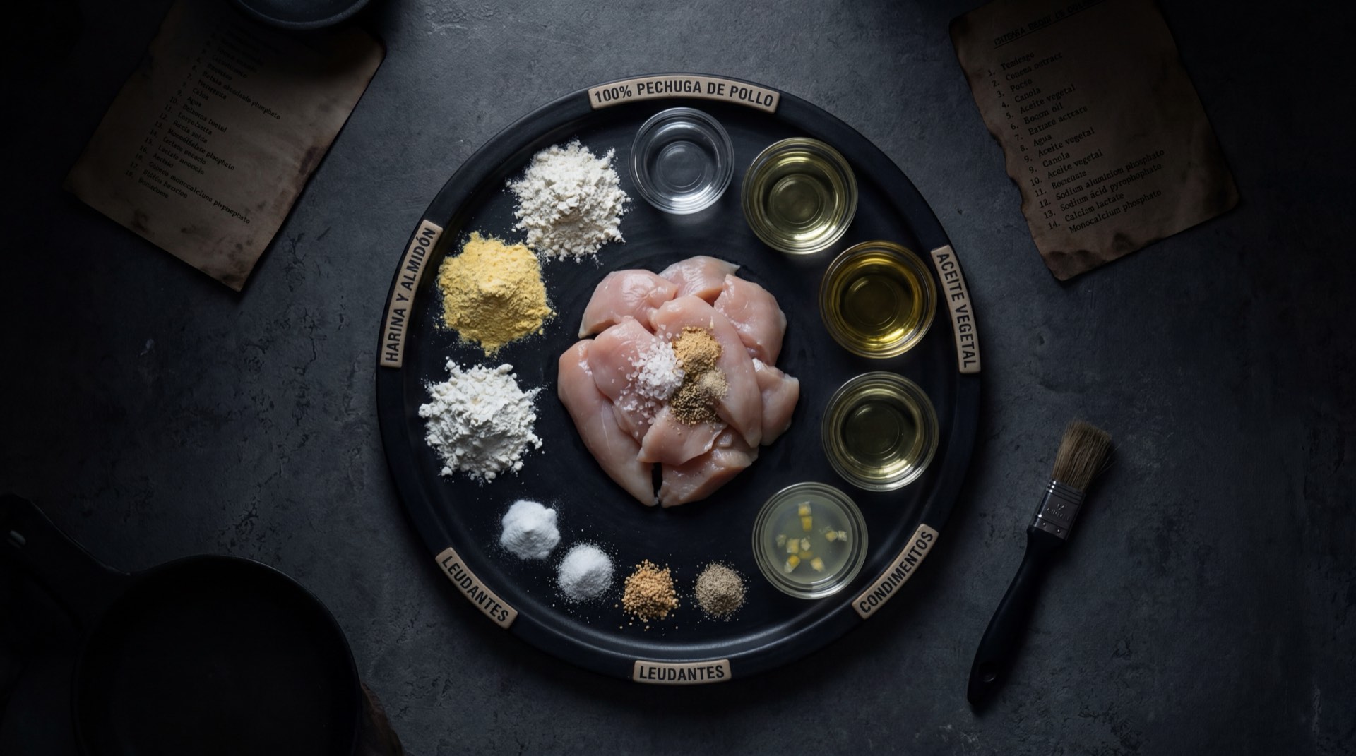 Ingredientes de los nuggets caseros: pechuga de pollo fresca deshuesada, harina de trigo para todo uso, huevo fresco batido, pan rallado fino, sal fina, pimienta negra molida y ajo en polvo